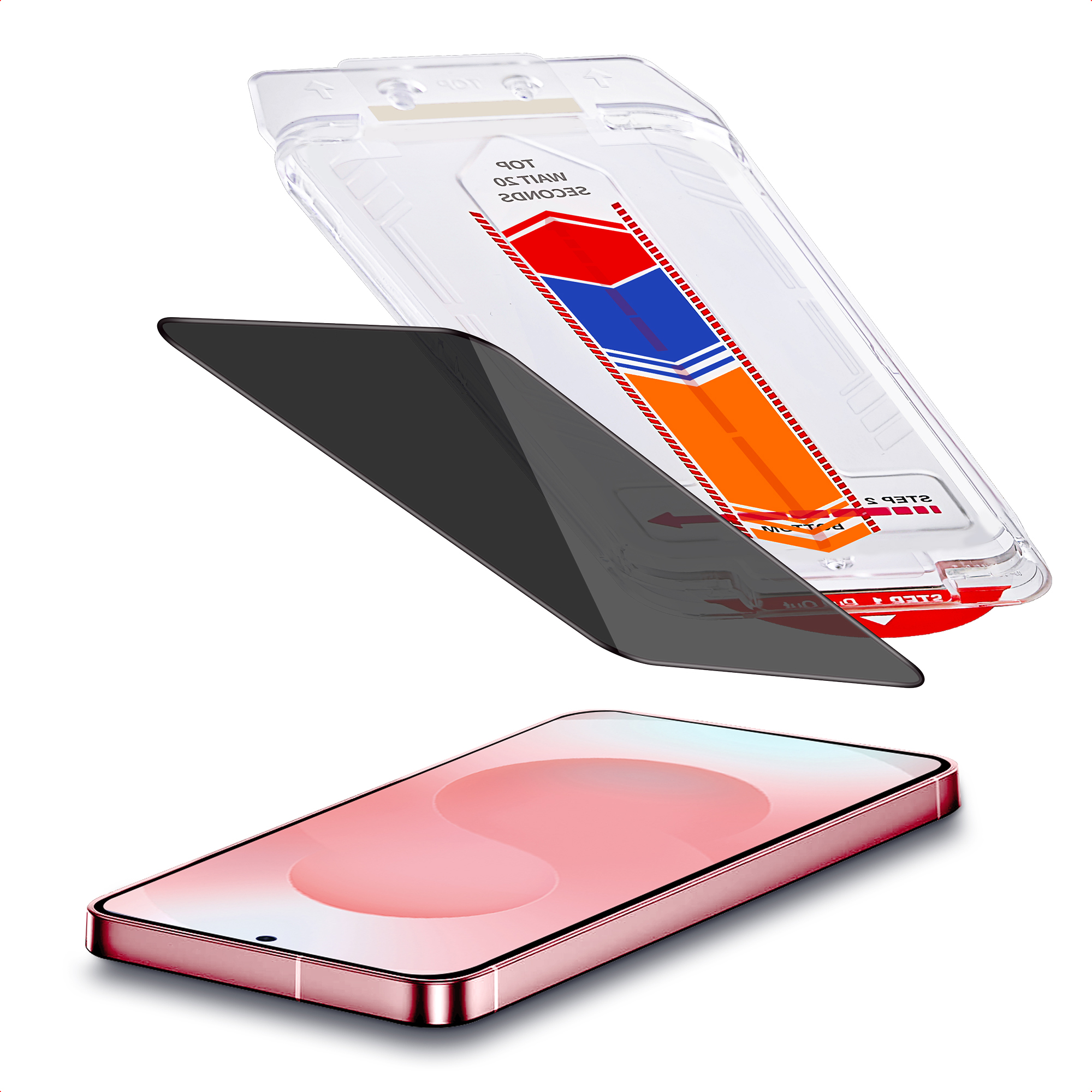 Een telefoon met een schermprotectorapplicator en zwart beschermglas.