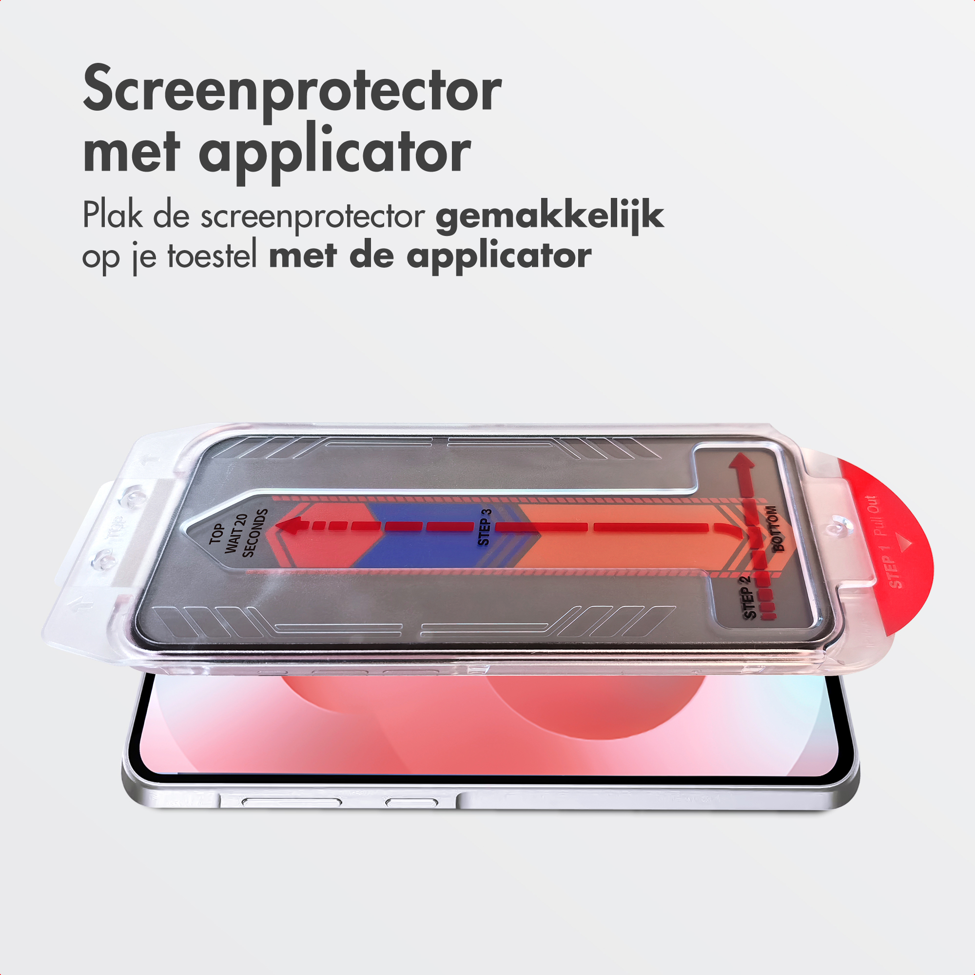 Screenprotector met applicator op smartphone. Stappen gemarkeerd.