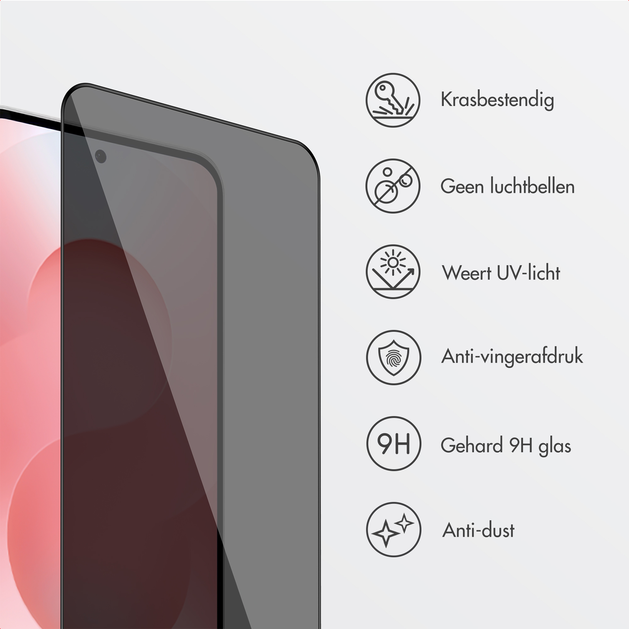 Screenprotector: krasbestendig, bubbelvrij, UV-bescherming, anti-vingerafdruk, 9H glas.