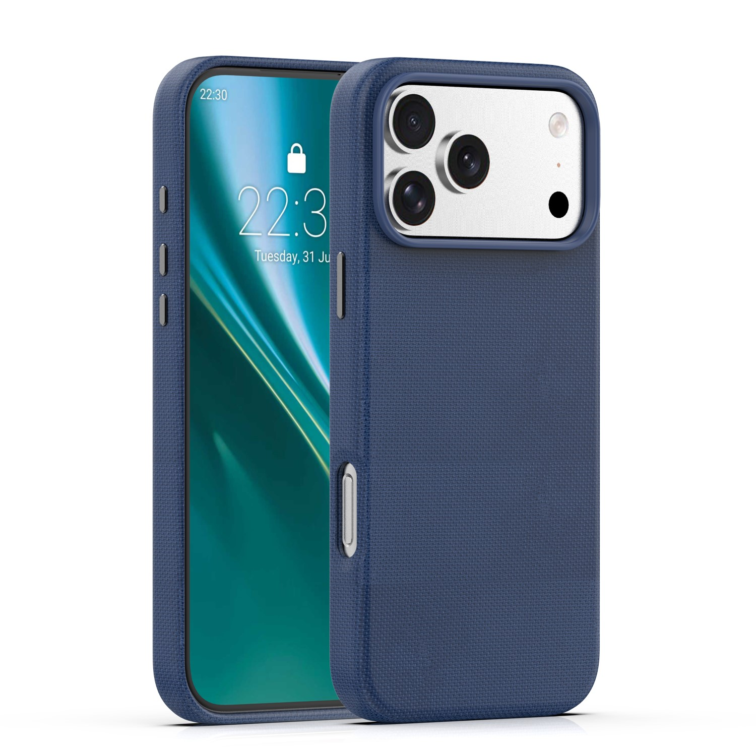 Niebieski telefon w materiałowym etui, widoczny aparat z tyłu. Ekran pokazuje 22:3.