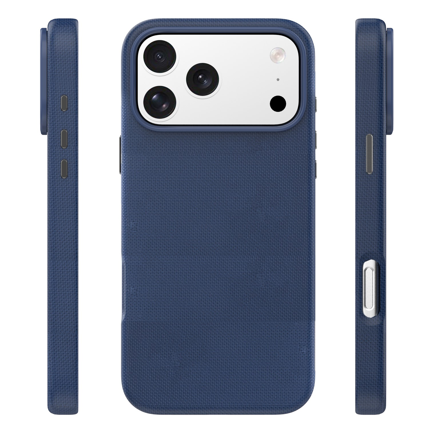 Granatowe etui na telefon z trzema aparatami i lampą.