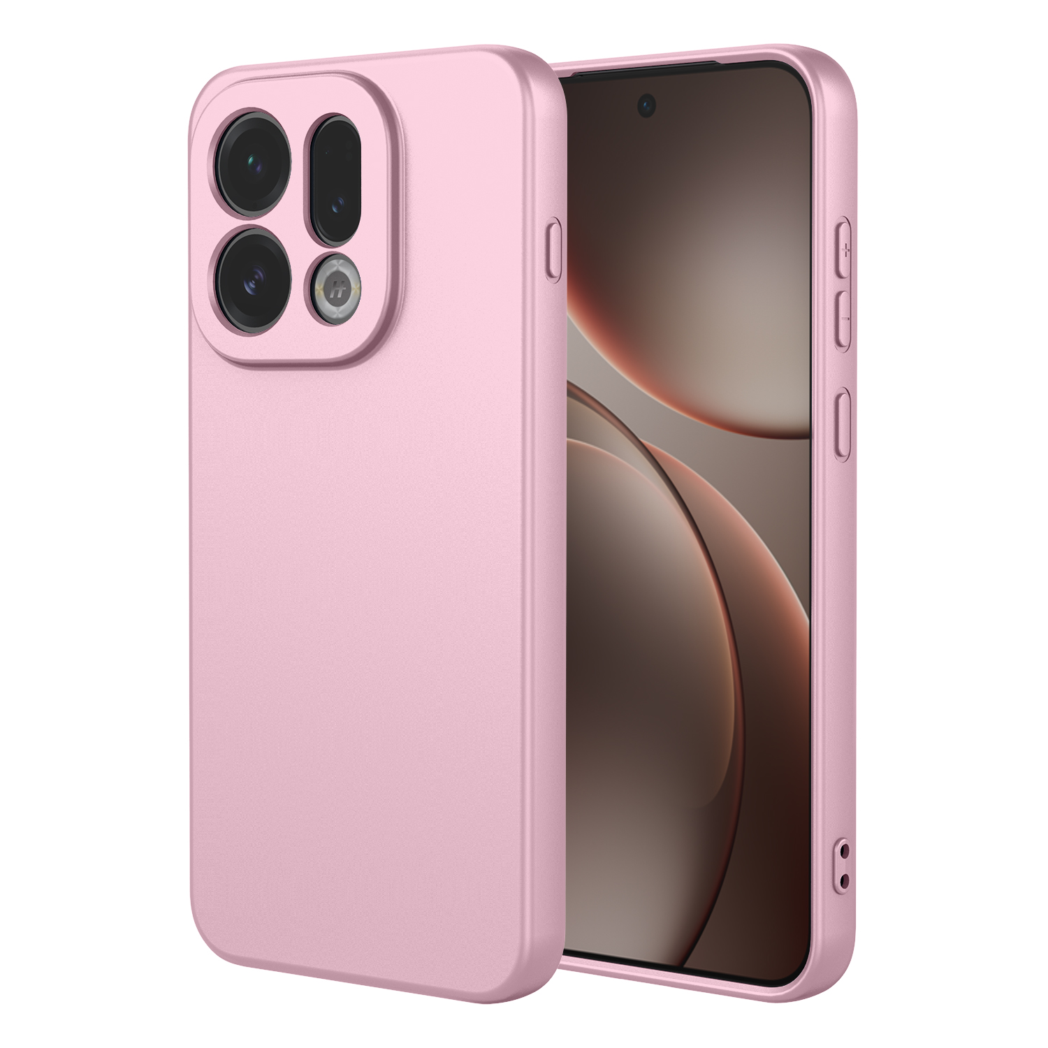 Een roze telefoonhoesje naast een telefoon met roze hoesje en drievoudige camera.
