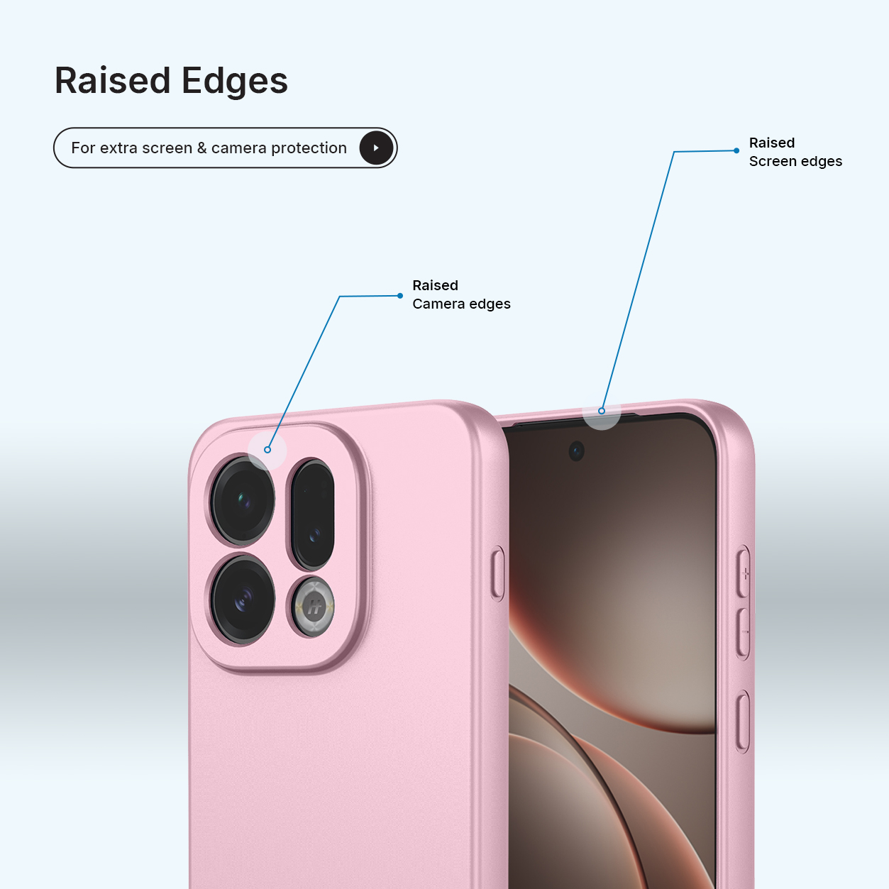 Een roze telefoonhoes met verhoogde randen voor camera- en schermbescherming.