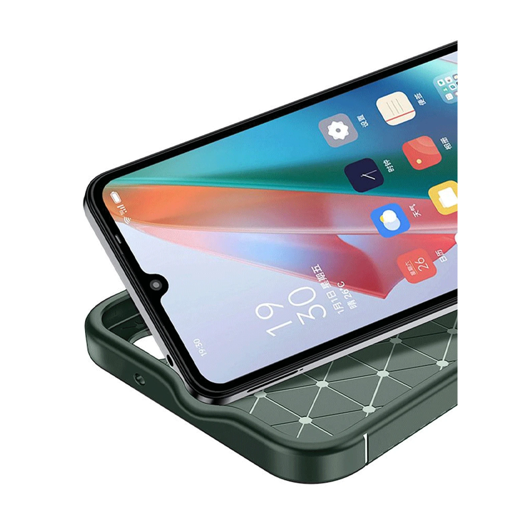 Koyu ızgara desenli kılıflı, renkli uygulama ekranlı bir akıllı telefon.