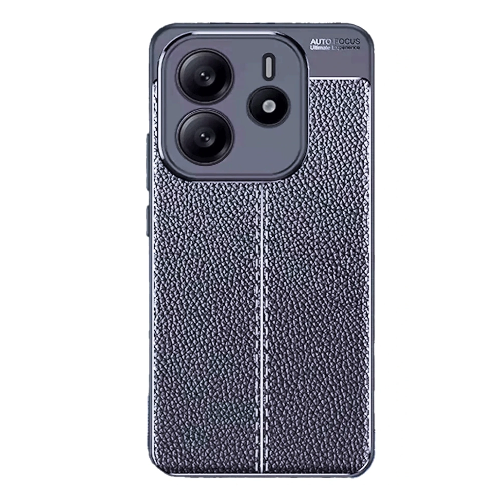 Deri dokulu gri telefon kılıfı ve üçlü arka kamera.