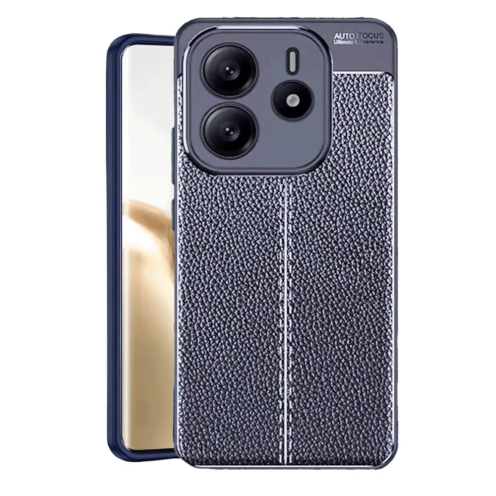 Deri dokulu koyu gri telefon kılıfı, arkada üç kamera.