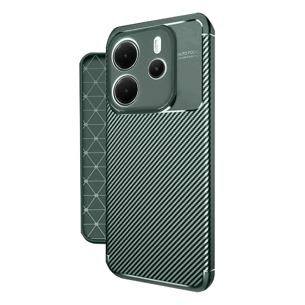 Üç kamera lensli siyah karbon fiber telefon kılıfının arkası.