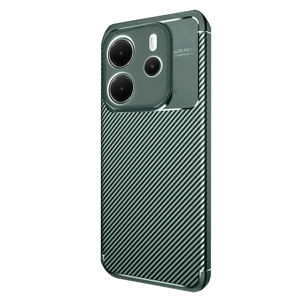 Karbon desenli ve üçlü kamera açıklıklı koyu yeşil telefon kılıfı.