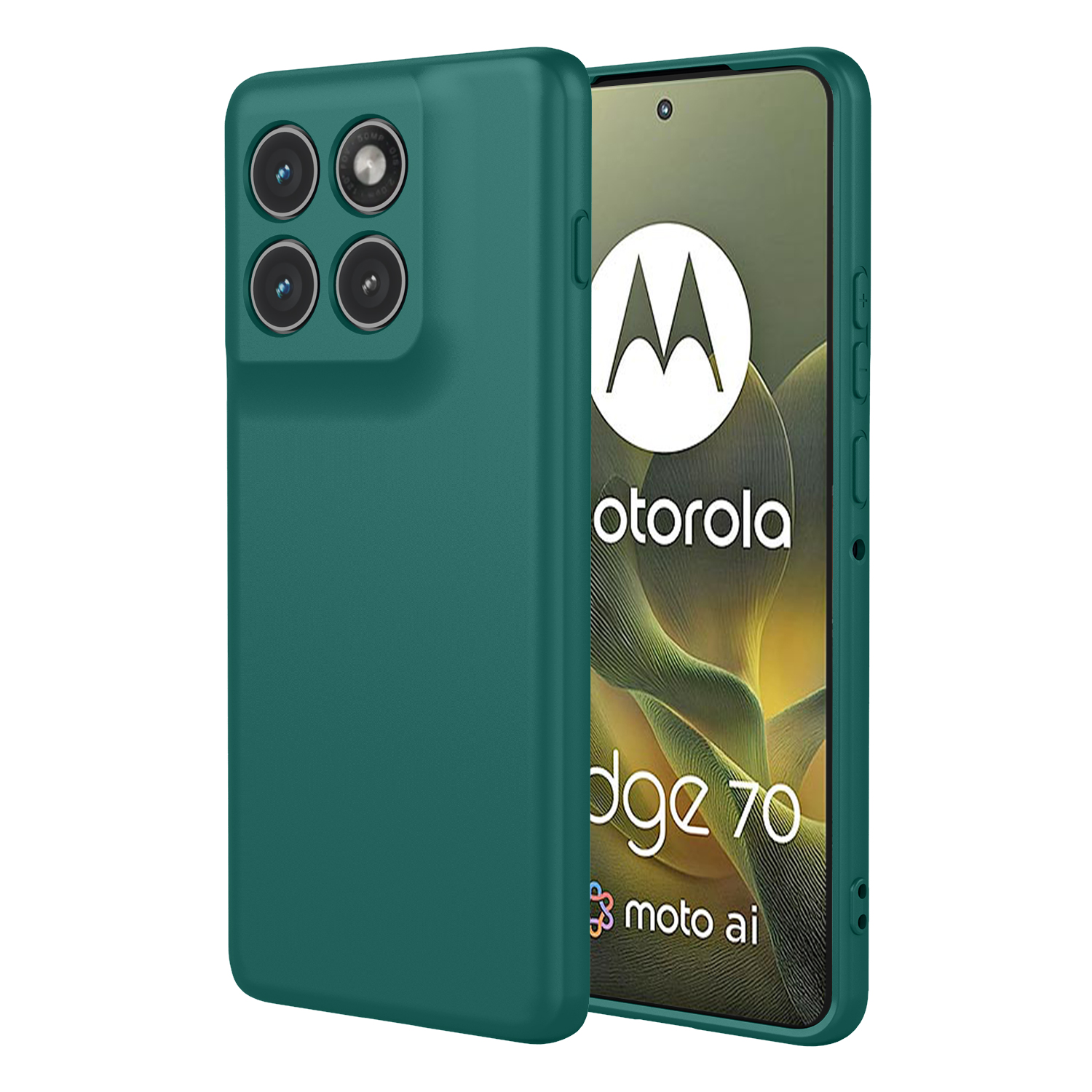Een groene telefoonhoes met vier cameralenssen en een Motorola Edge 70 smartphone.