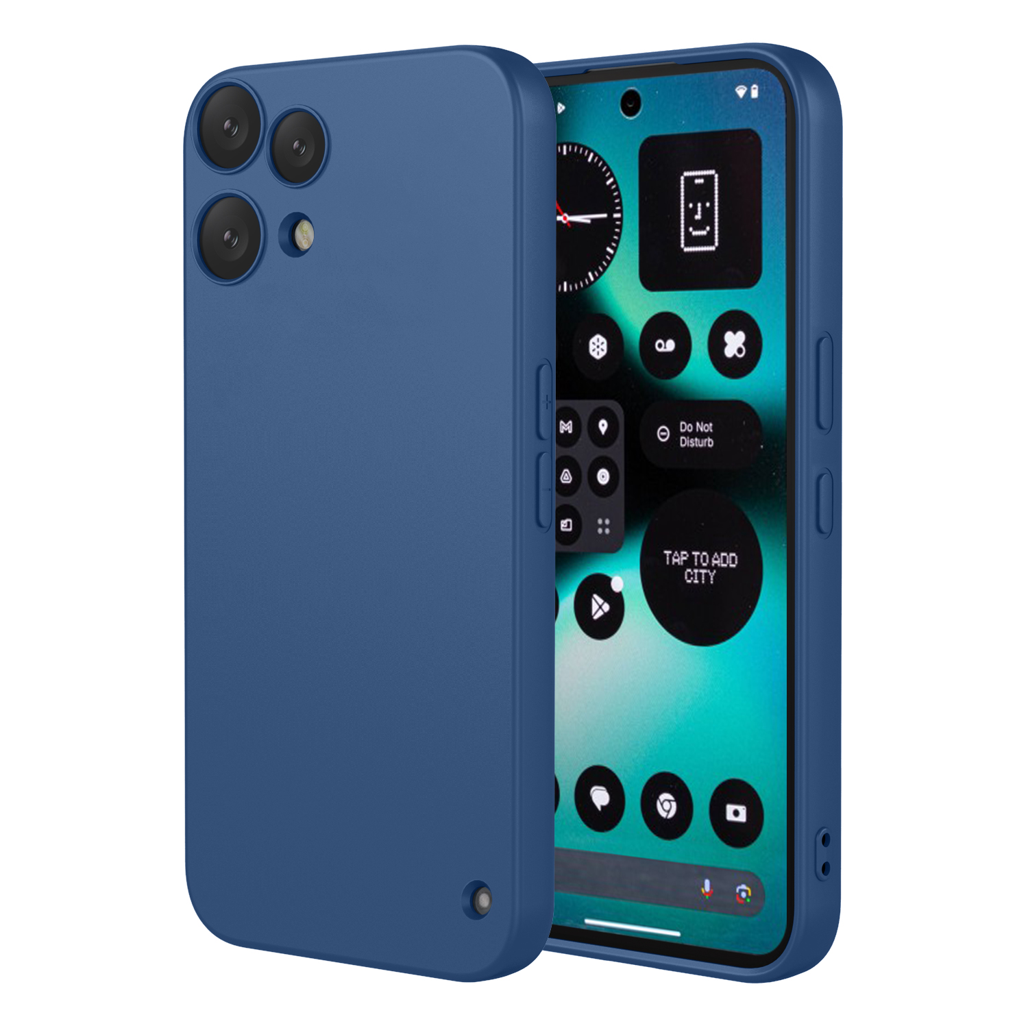 Een blauwe smartphone in een hoesje. De achterkant toont drie camera's. Het scherm is aan.