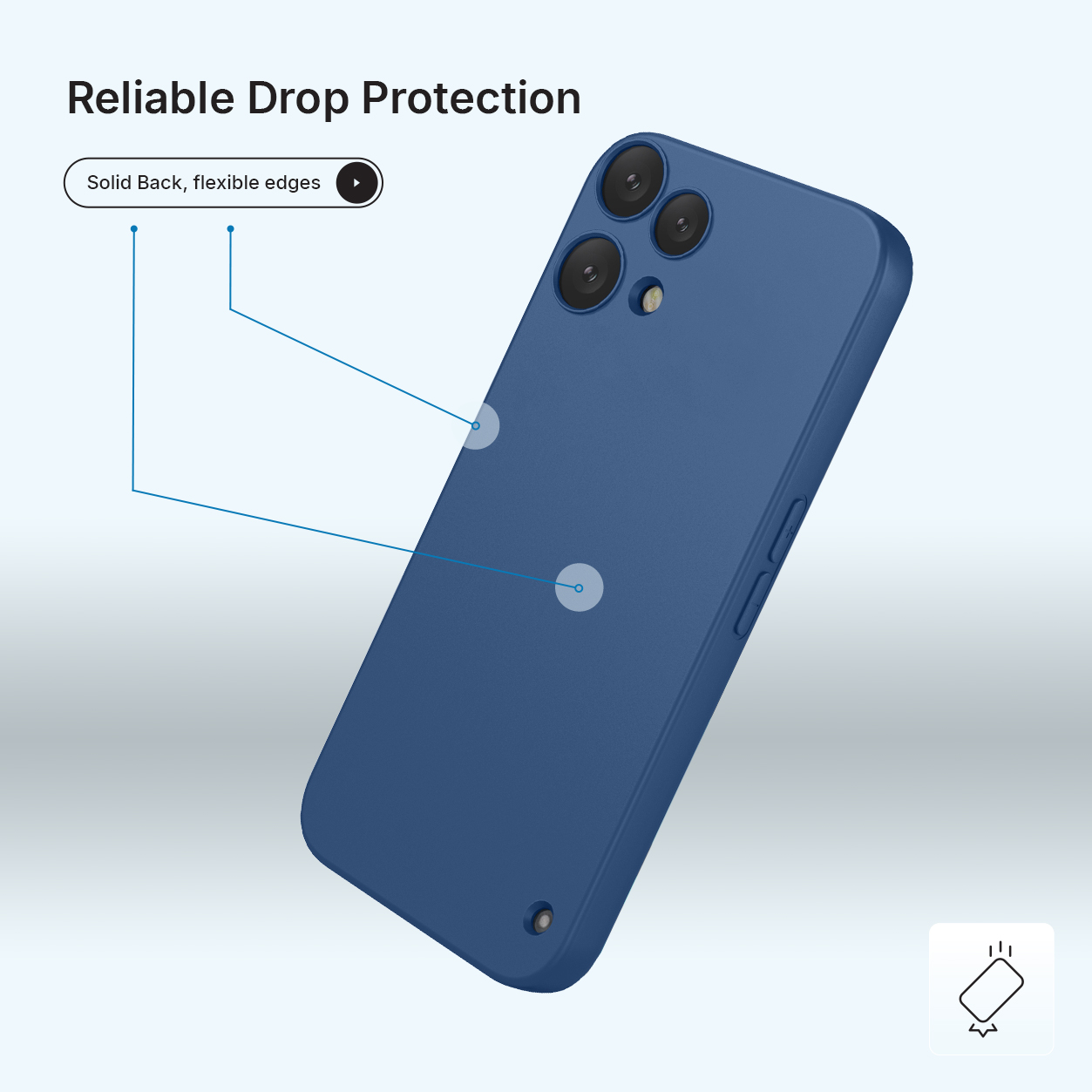 Blauwe telefoonhoes met drie camera's en flexibele randen.