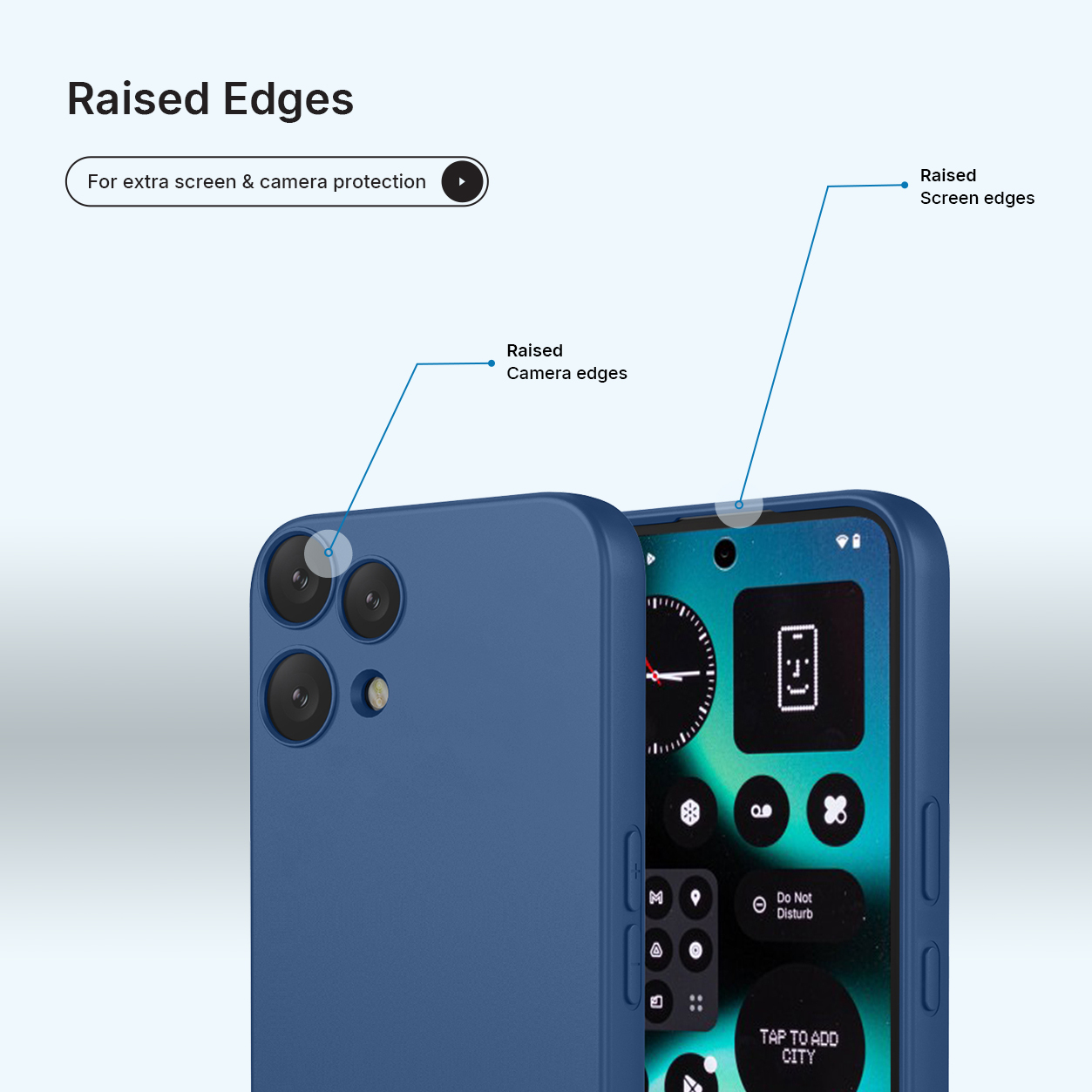 Blauw telefoonhoesje met verhoogde randen voor camera- en schermbescherming.