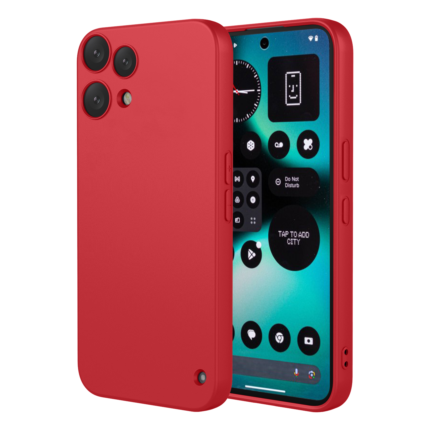 Téléphone rouge avec trois caméras arrière et un écran tactile affichant des icônes.
