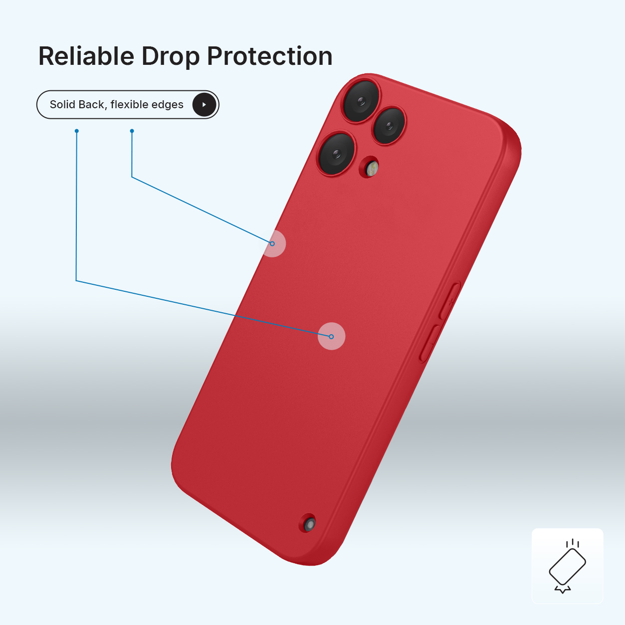Coque de téléphone rouge avec module caméra et texte "Reliable Drop Protection".