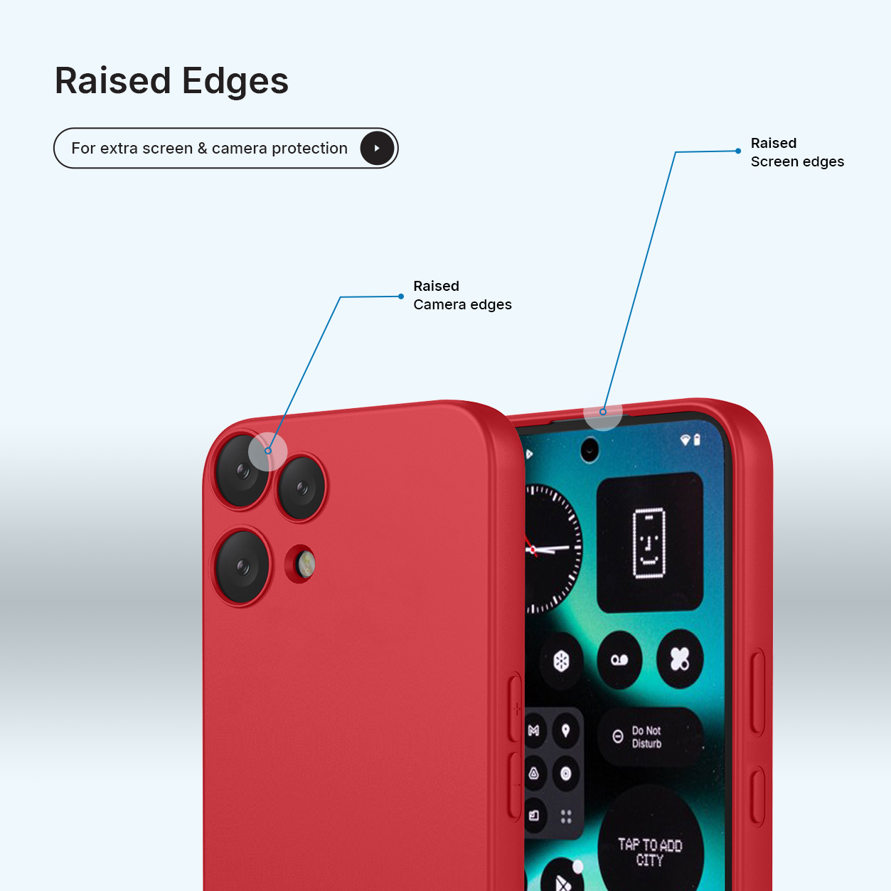 Coque de téléphone rouge à bords surélevés pour protéger appareil et écran.
