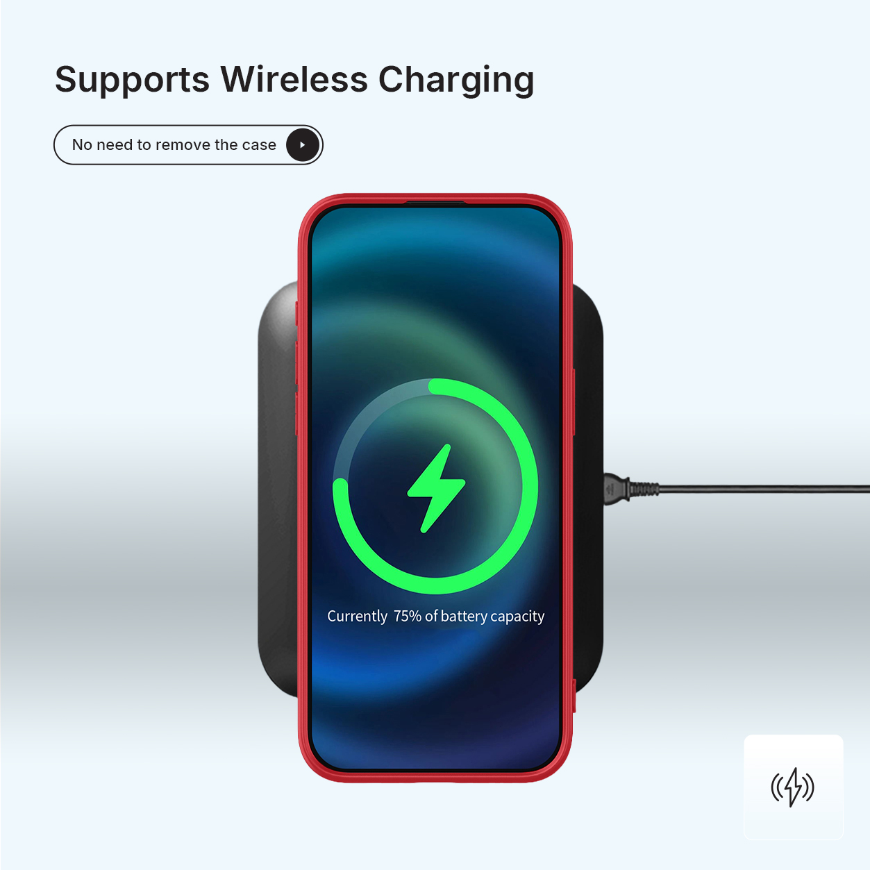 iPhone rouge sur chargeur sans fil, 75% batterie. Charge sans coque.