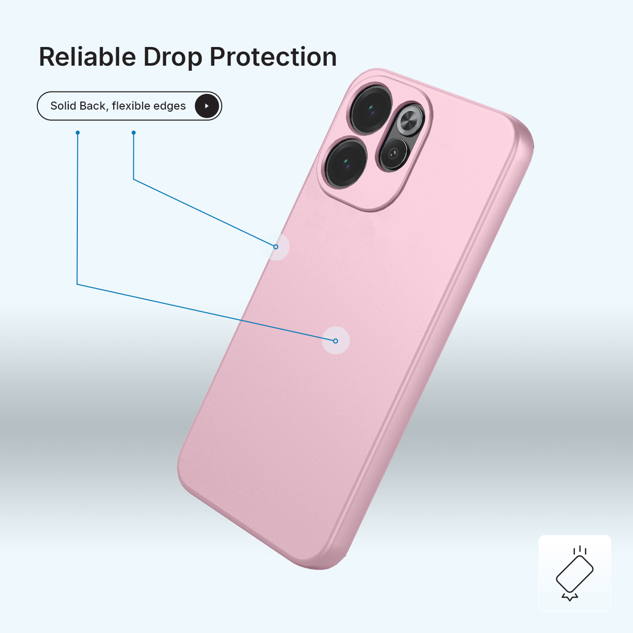 Een roze telefoonhoesje met camera-uitsparing, getoond op een grijze ondergrond.