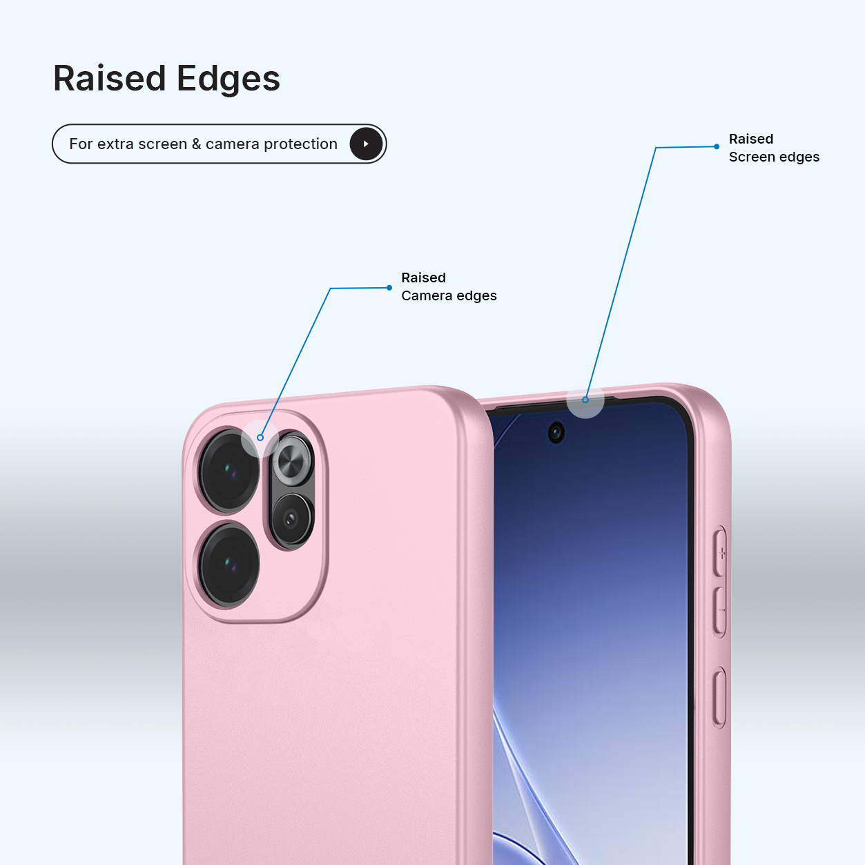 Een roze telefoonhoes met verhoogde randen ter bescherming van camera en scherm.