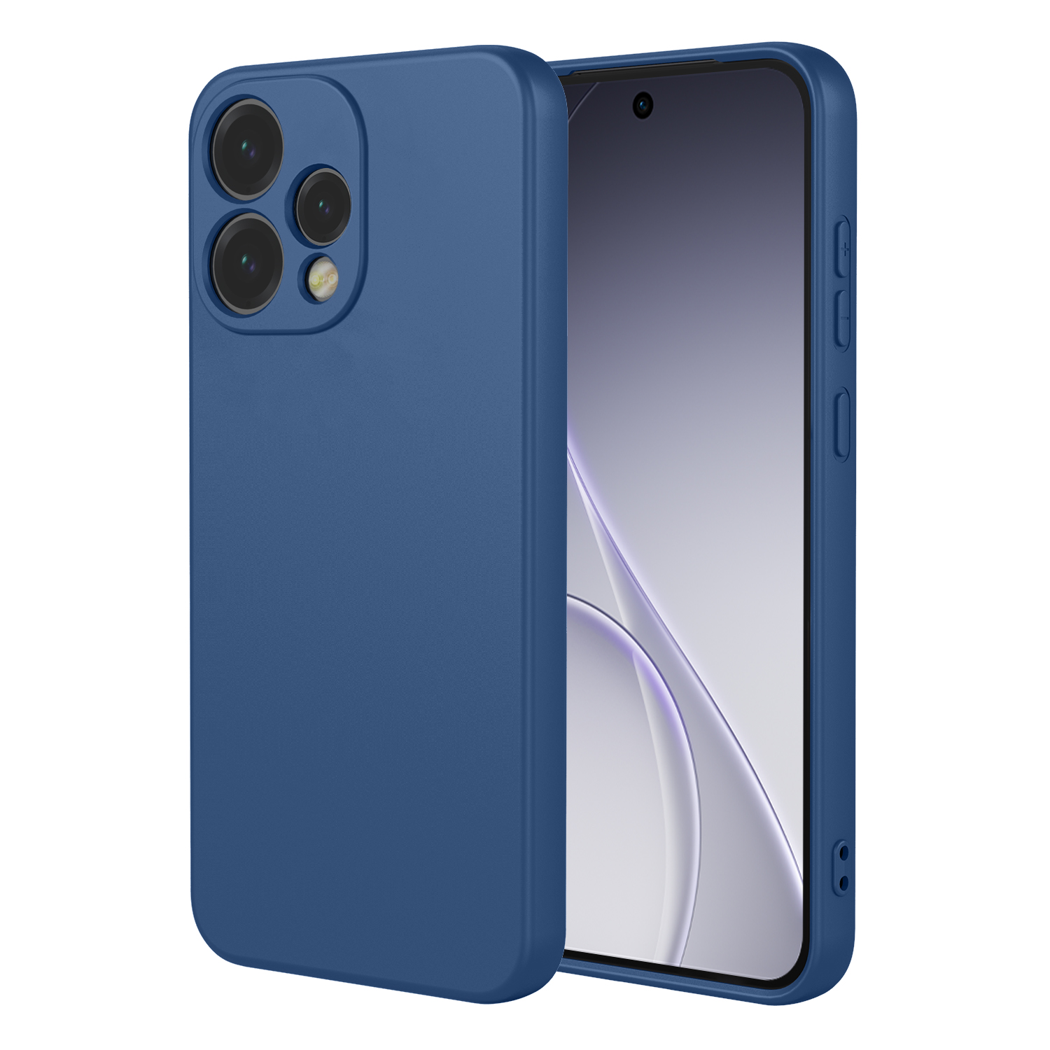 Coque de téléphone bleue avec trois objectifs et un smartphone.