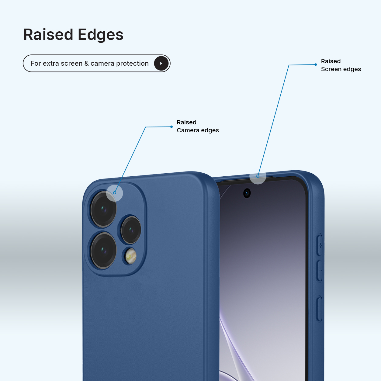 Coque de téléphone bleue avec bords surélevés pour protéger appareil photo et écran.