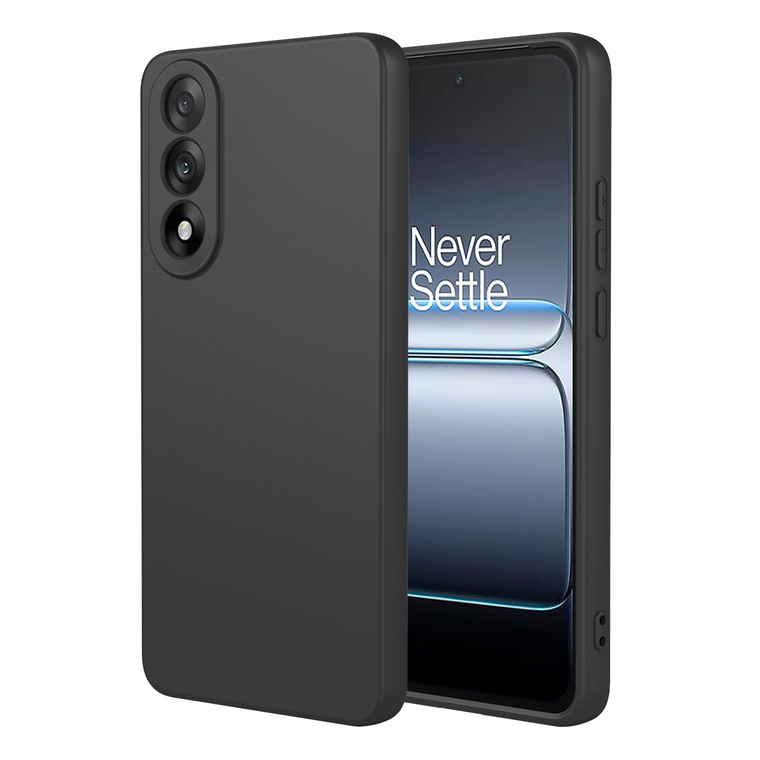 Coque de téléphone noire avec trois objectifs et un smartphone affichant 