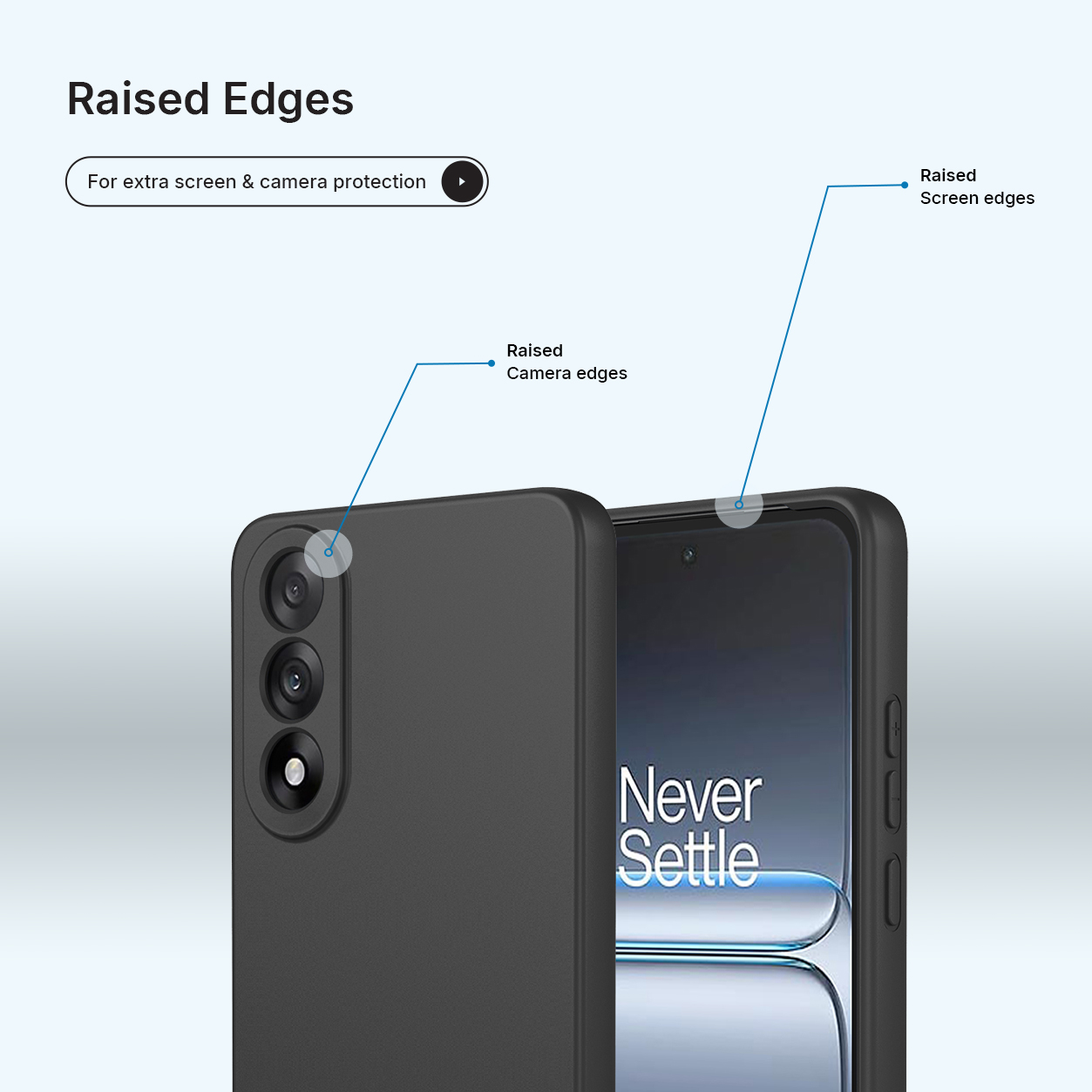 Coque de téléphone noire avec bords surélevés pour protéger caméra et écran.