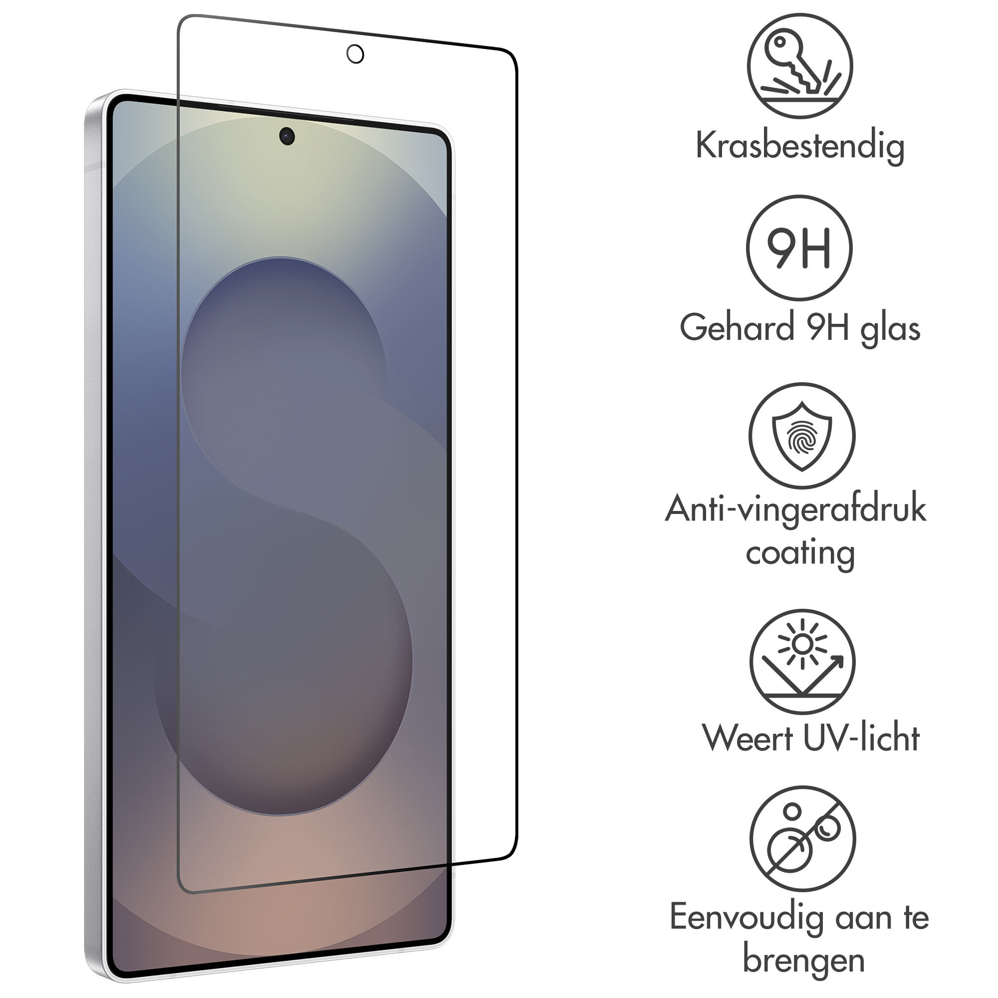 Screenprotector voor smartphone met iconen voor krasbestendigheid, 9H hardheid.