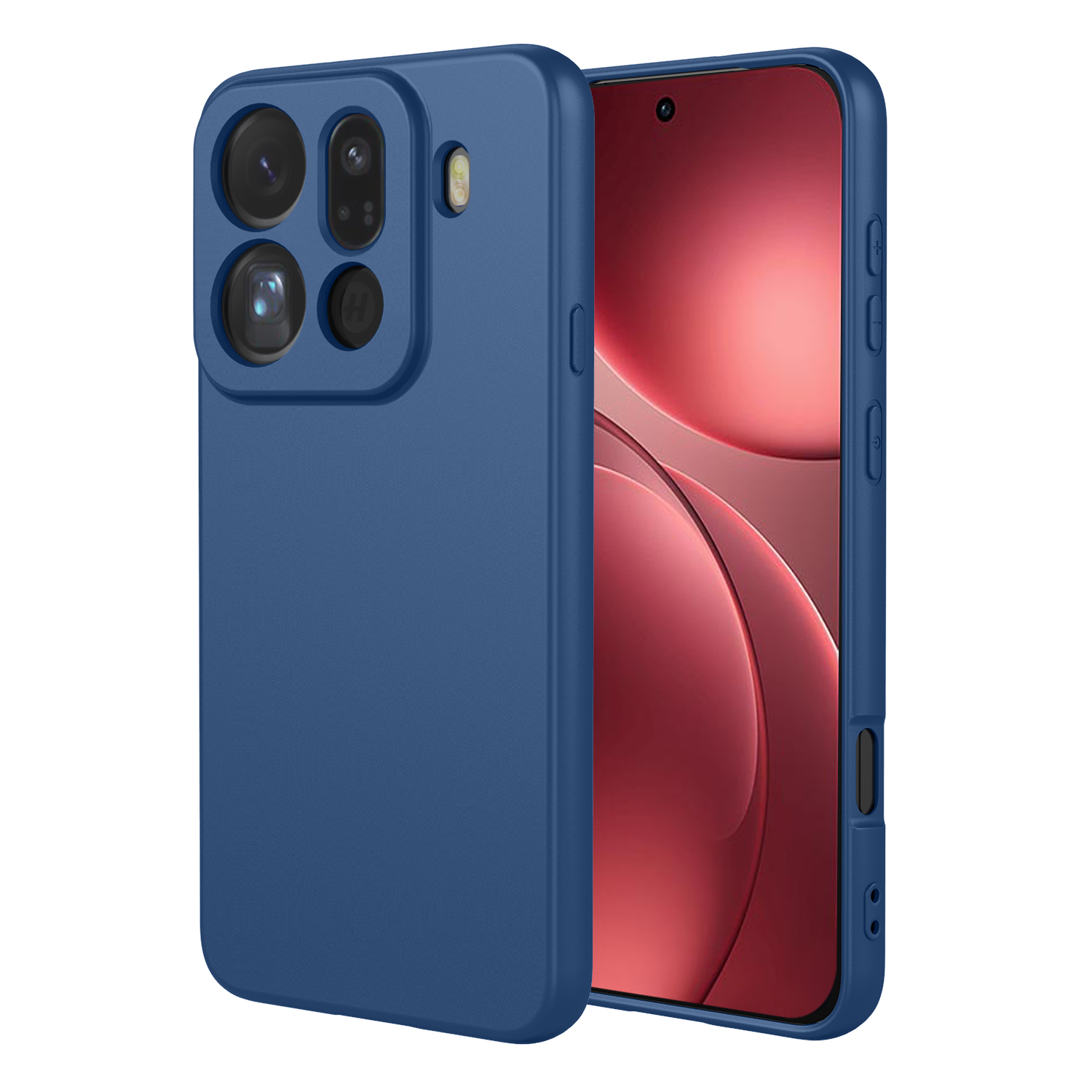 Blauw telefoonhoesje met camera-uitsparing en rode achtergrond.