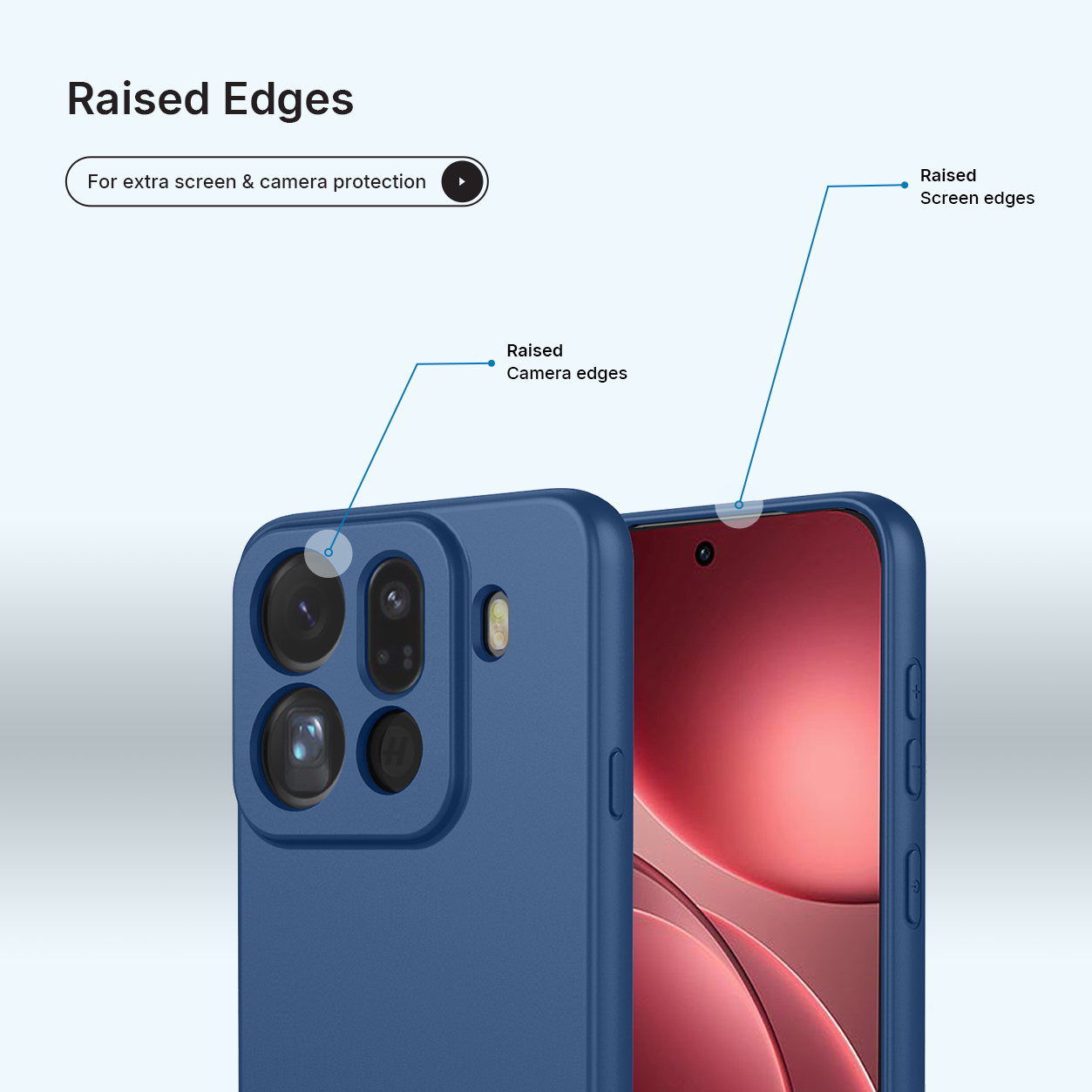 Blauw telefoonhoesje met verhoogde randen voor camera- en schermbescherming.