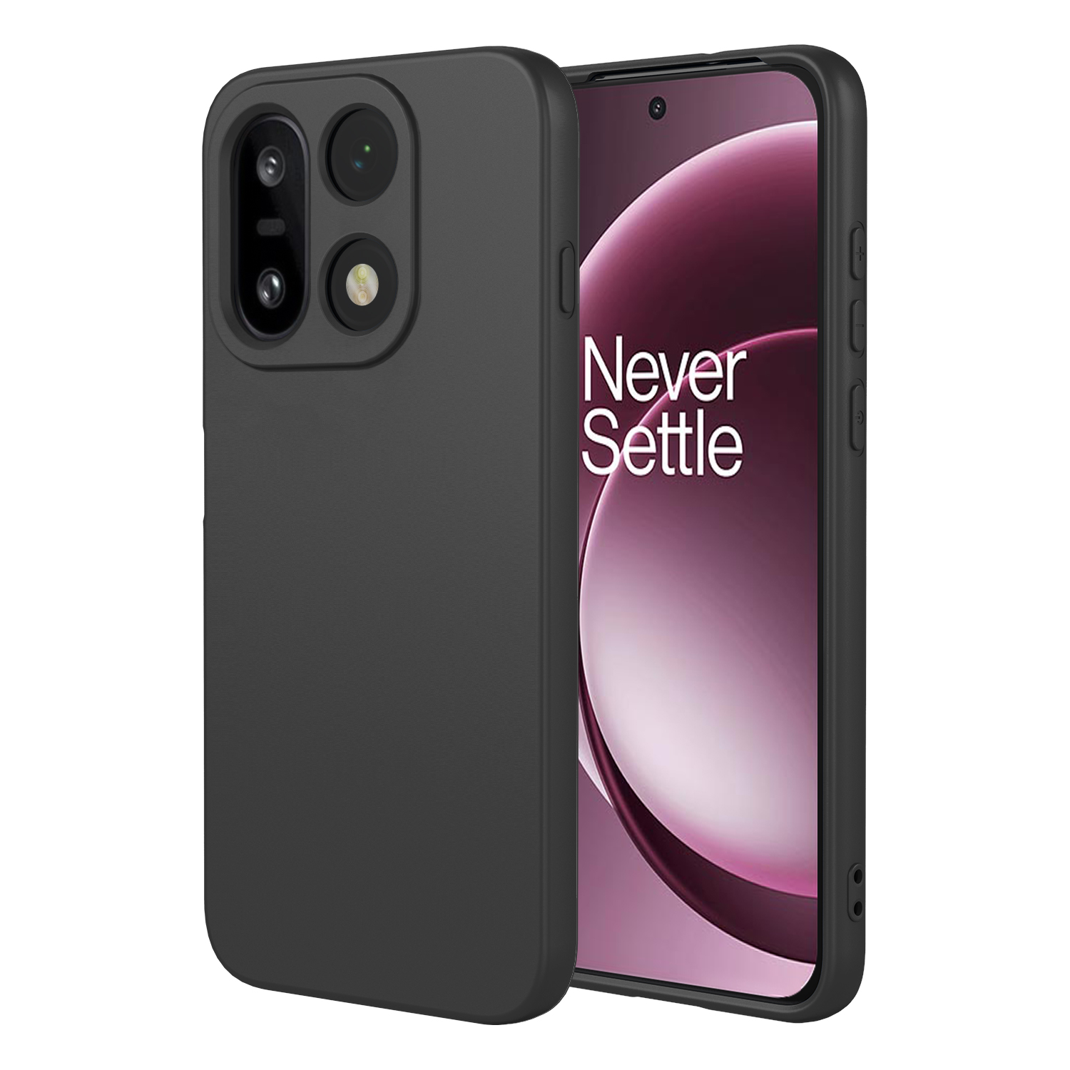 Zwarte telefoon met drie camera's en zwarte hoes, met "Never Settle" erop.