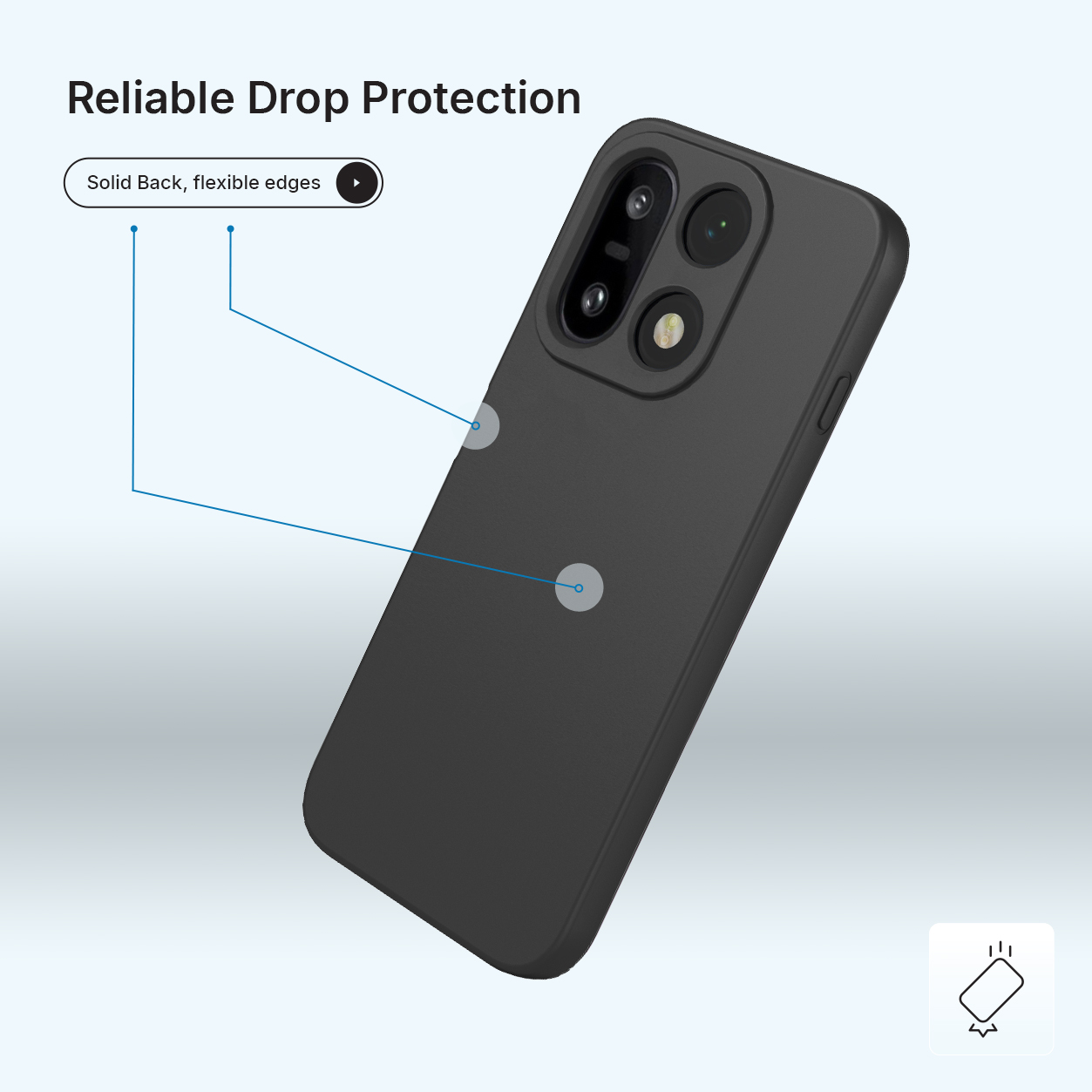 Zwarte telefoonhoes met camerasysteem, kenmerken gemarkeerd met blauwe lijnen.