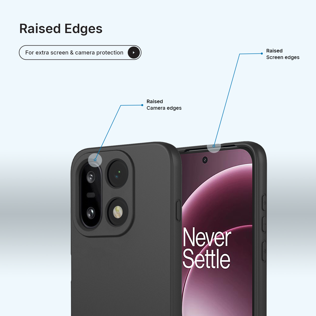 Zwarte telefoonhoes met verhoogde randen voor camera- en schermbescherming.