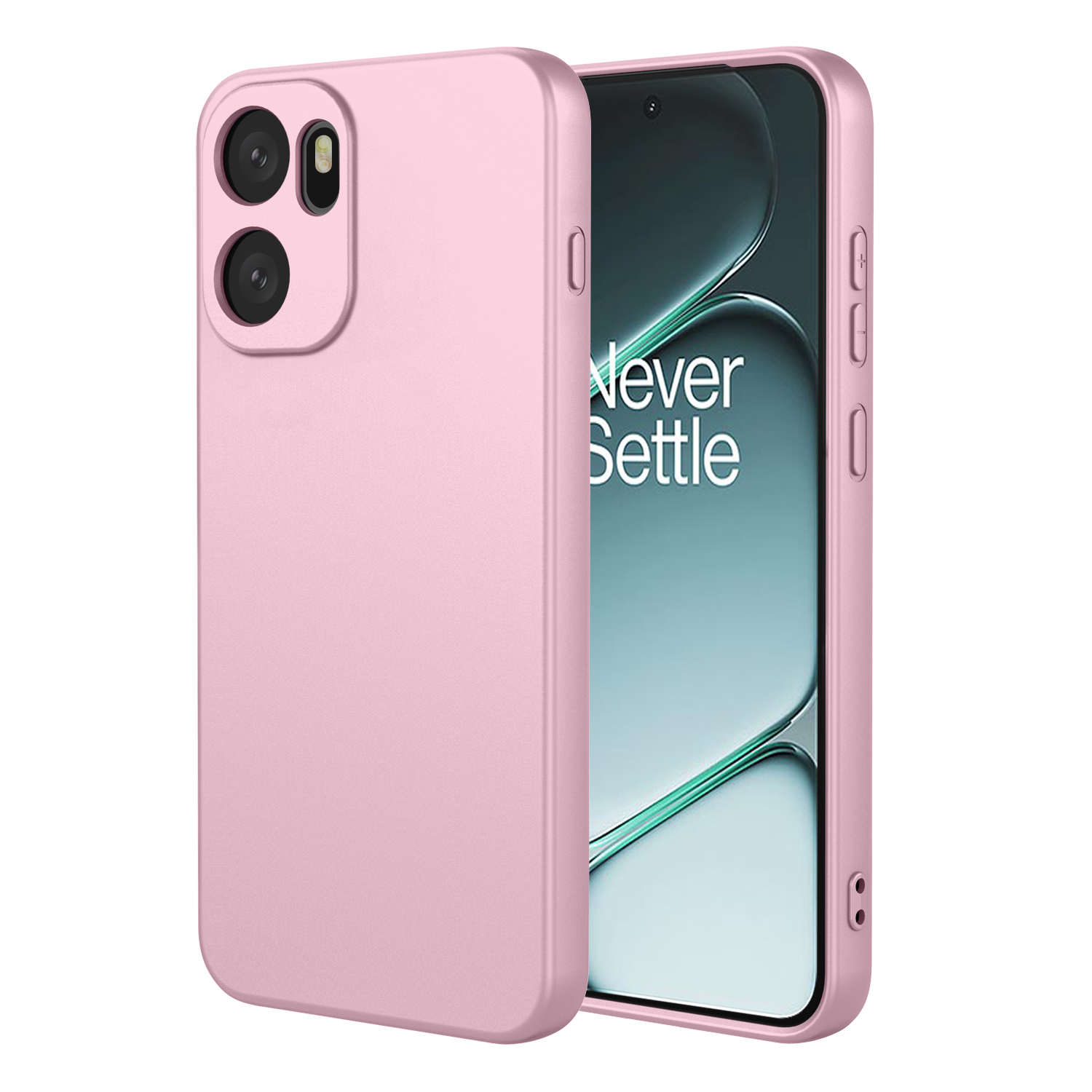 Une coque de téléphone rose avec trois caméras et une partie de l'écran.