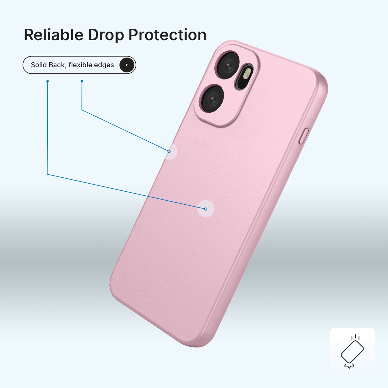Une coque de téléphone rose avec découpe caméra et lignes.
