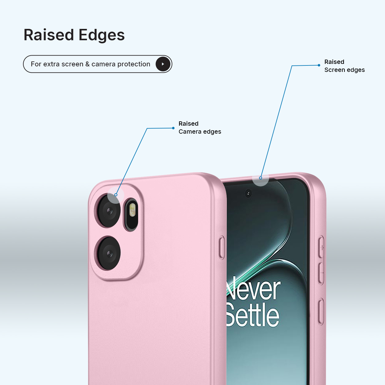 Une coque de téléphone rose avec bords surélevés pour protéger appareil photo et écran.