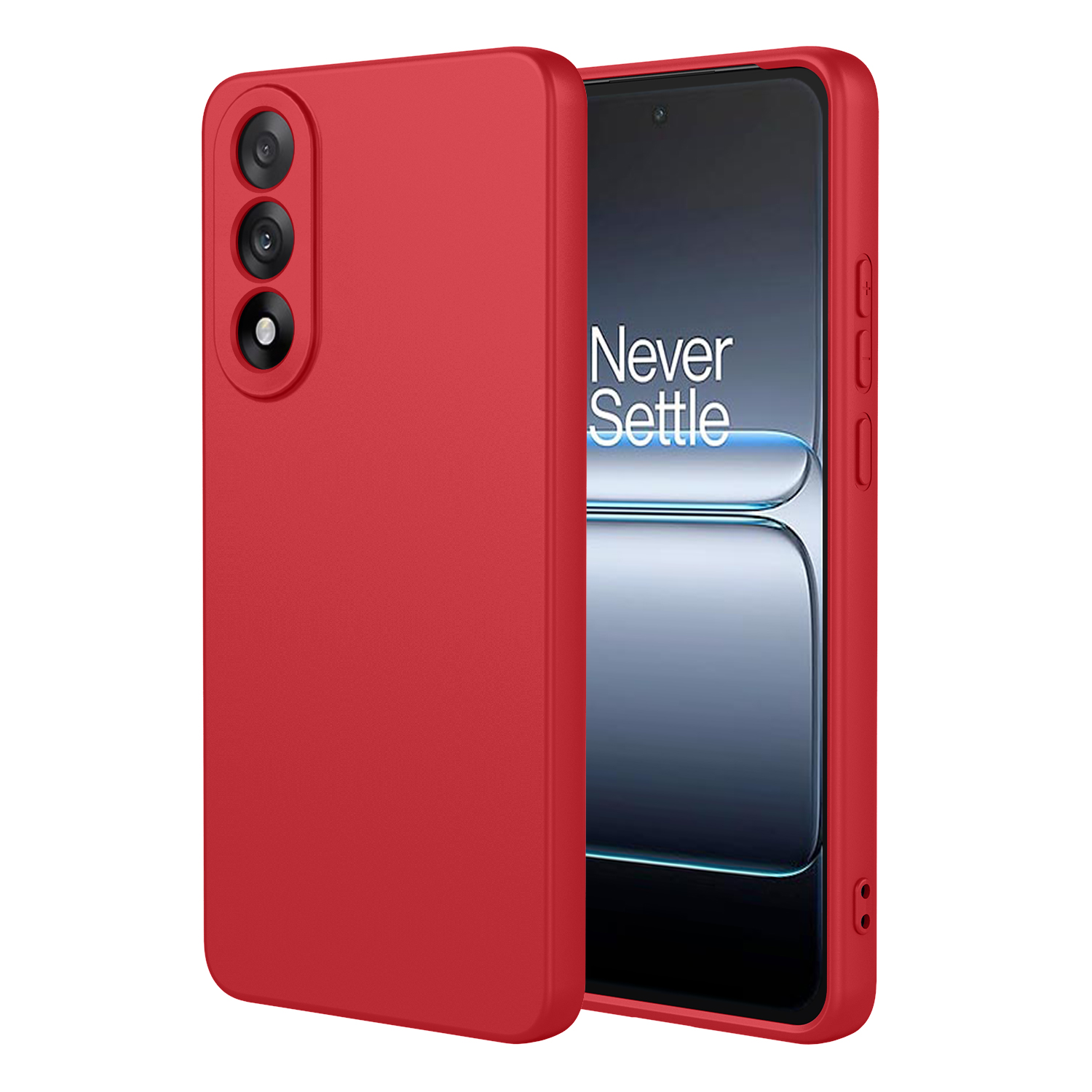 Een rode telefoonhoes met uitsparing voor drievoudige camera naast een smartphone. Het telefoonscherm toont 'Never Settle'.
