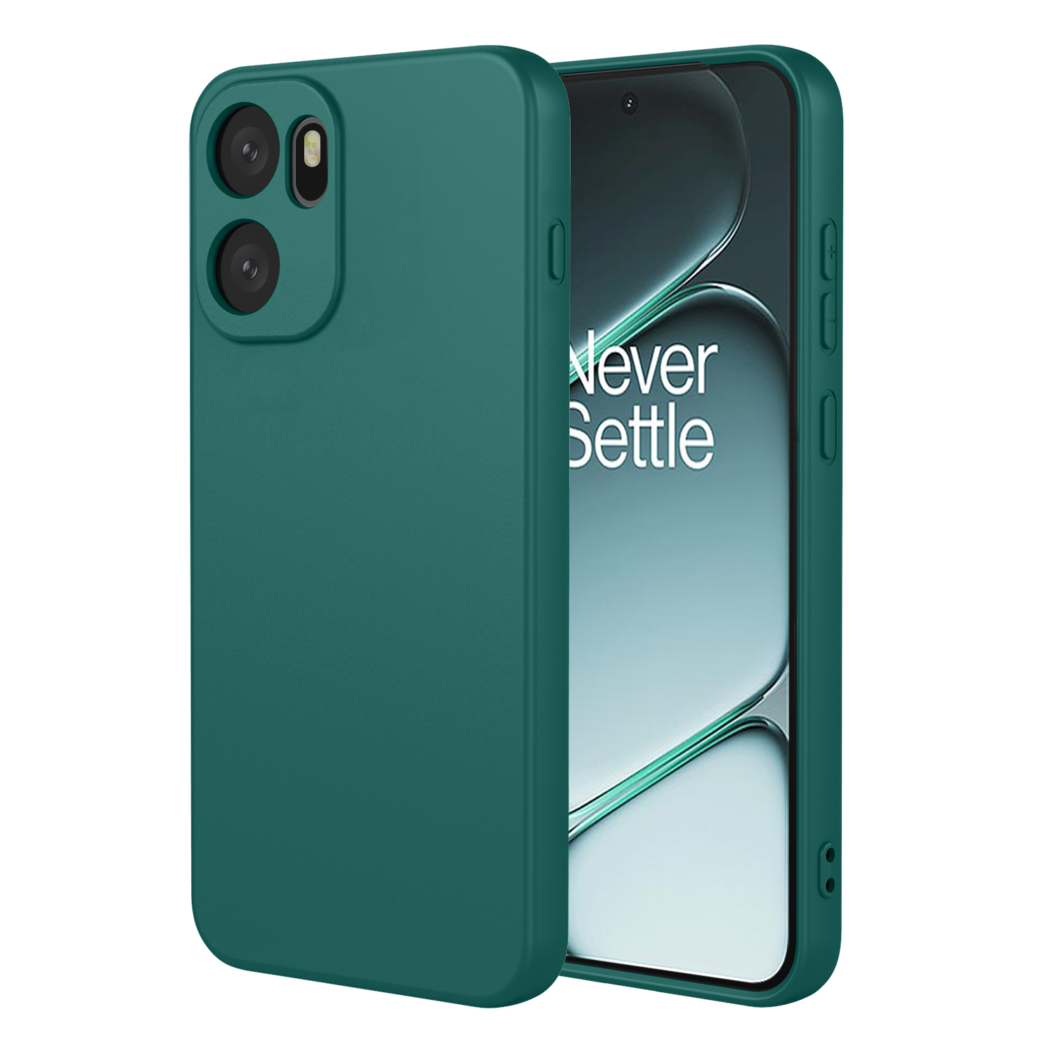 Un étui de téléphone vert foncé recouvre un téléphone avec trois objectifs.