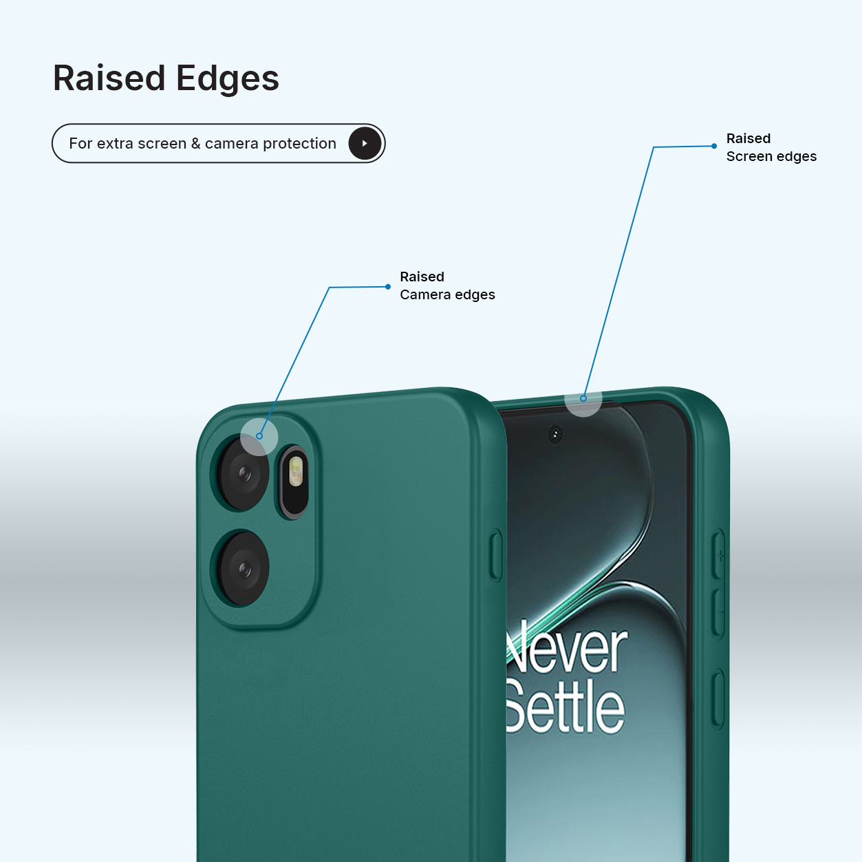 Coque de téléphone verte avec bords surélevés pour protéger l'appareil photo et l'écran.