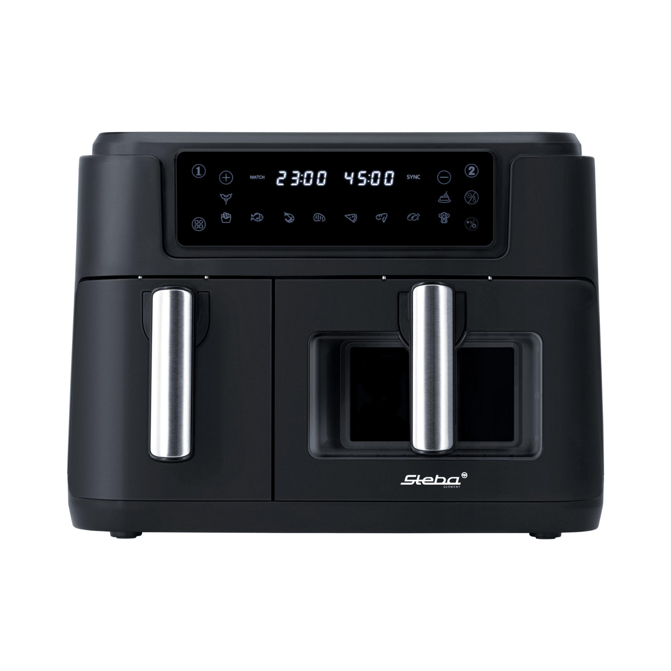 Friteuse ad aria nera a doppia camera con display digitale e manici argentati.