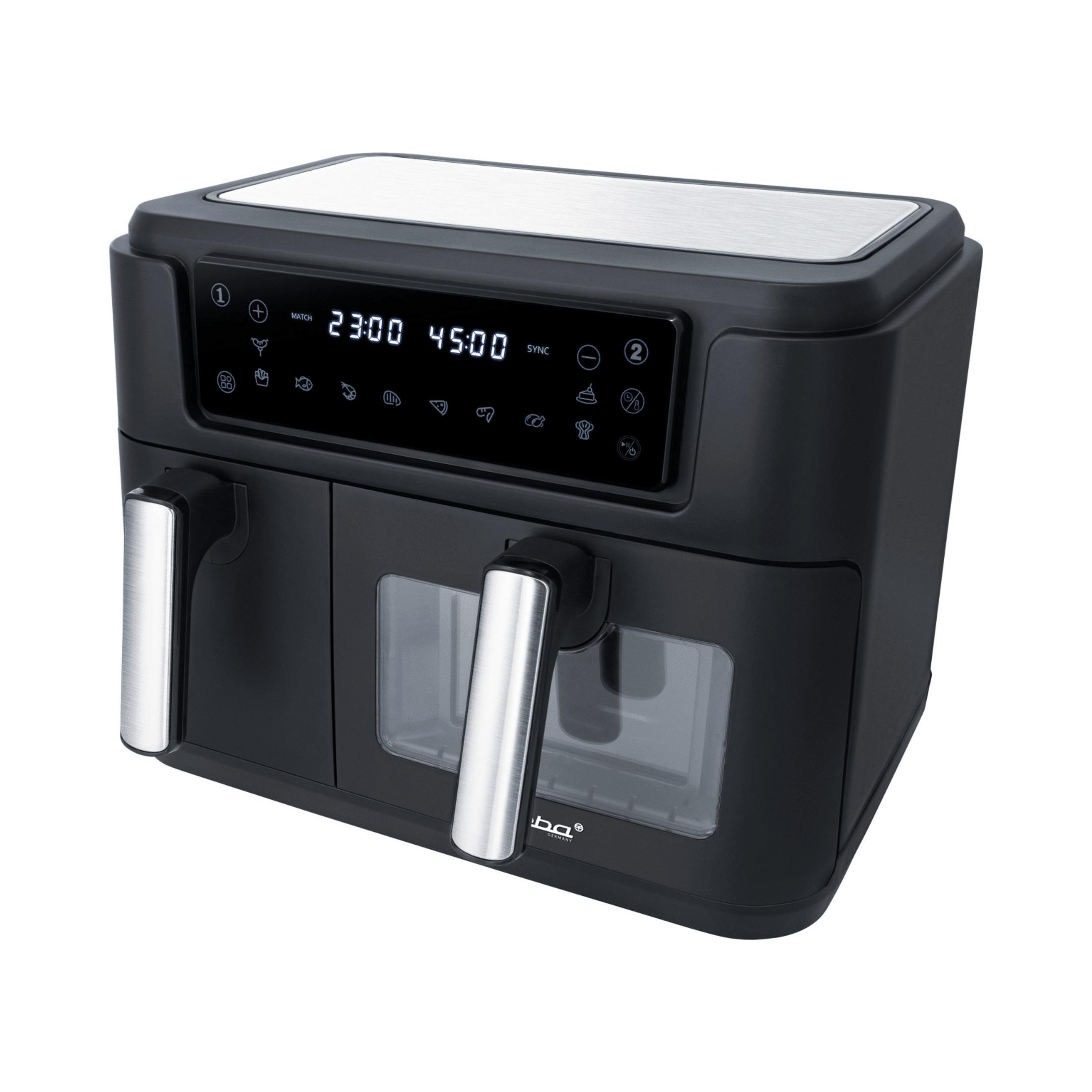 Friggitrice ad aria nera con accenti argentati e display digitale.