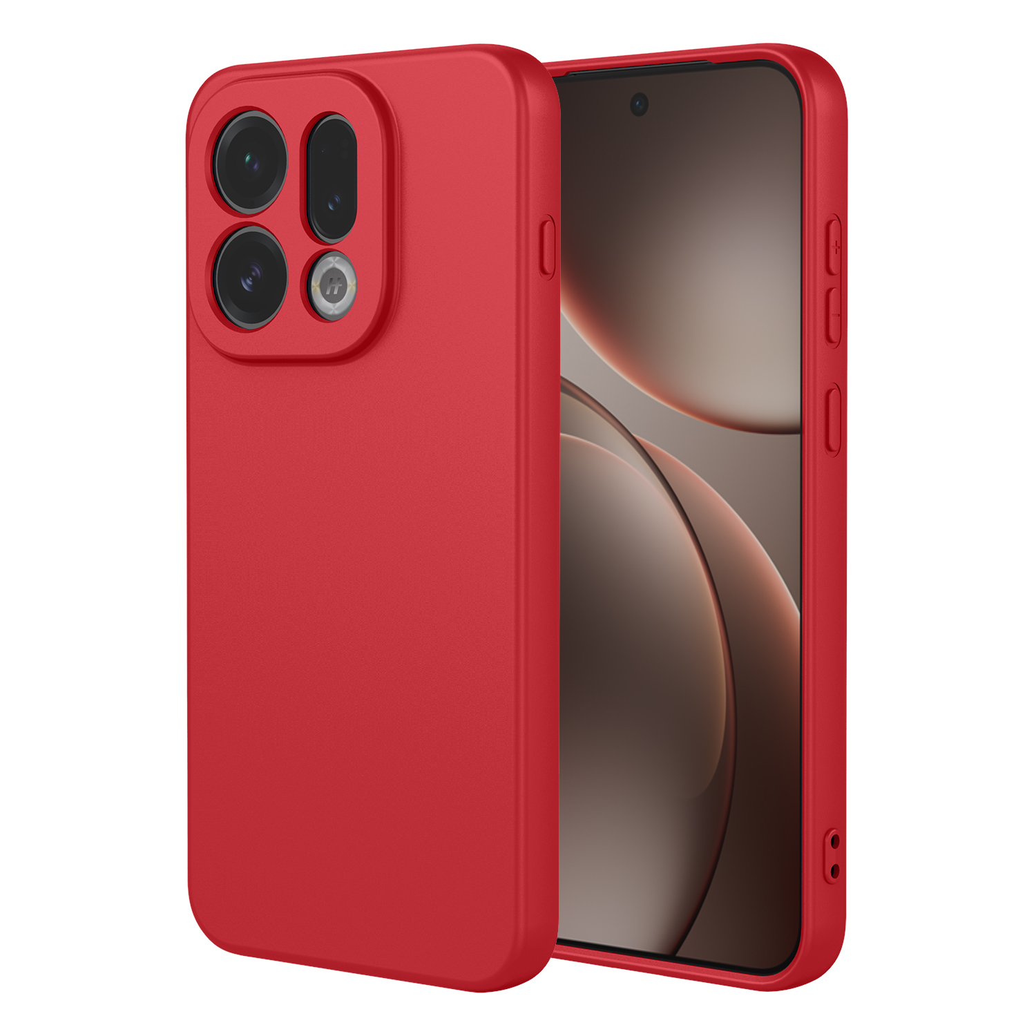 Rode telefoonhoes met camerauitsparing, ernaast een smartphone.