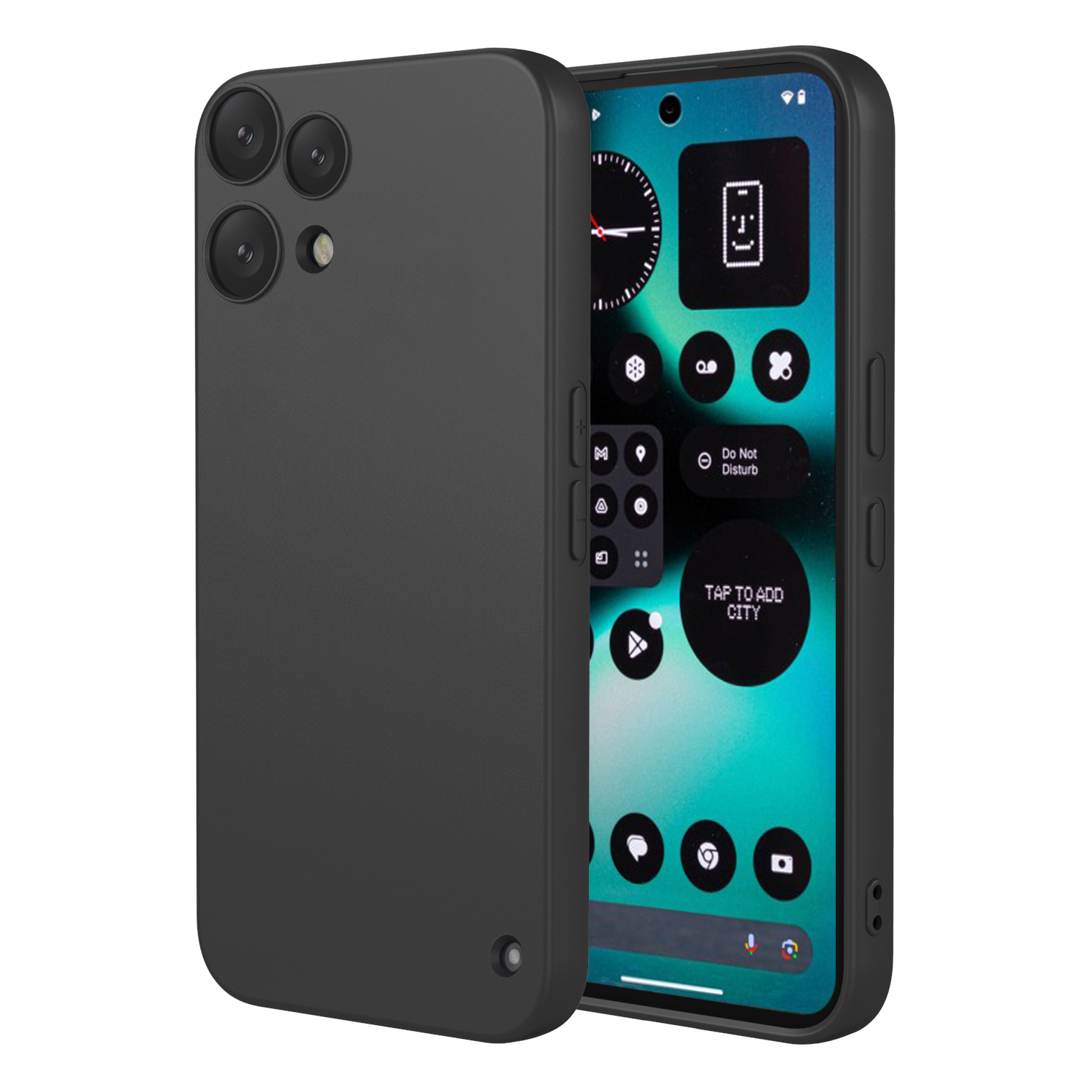 Un smartphone noir avec trois caméras arrière et un écran couleur.