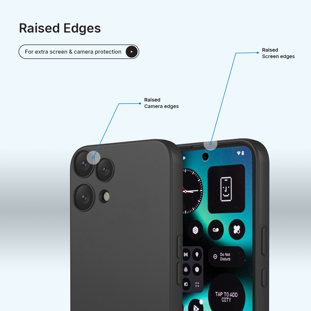 Coque de téléphone noire avec bords surélevés pour protéger appareil et écran.