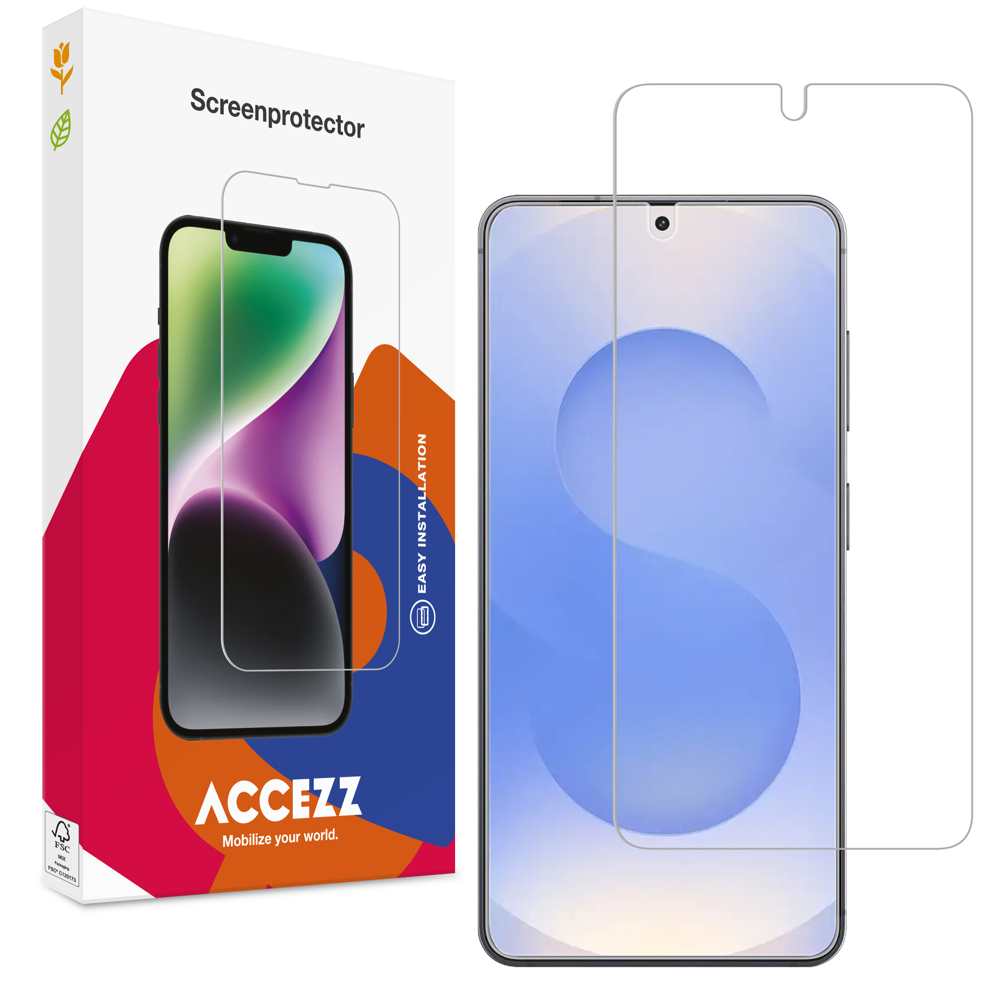 Verpakking en screenprotector voor smartphone met blauw behang.