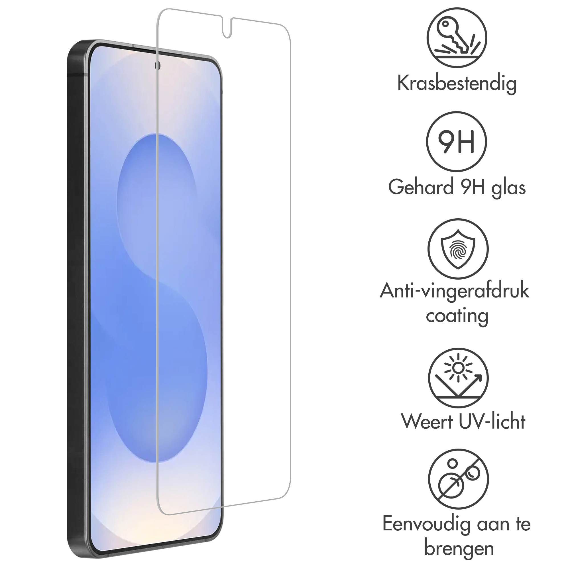 Screenprotector voor smartphone met iconen voor krasbestendigheid, 9H hardheid, anti-vingerafdruk, UV-bescherming.