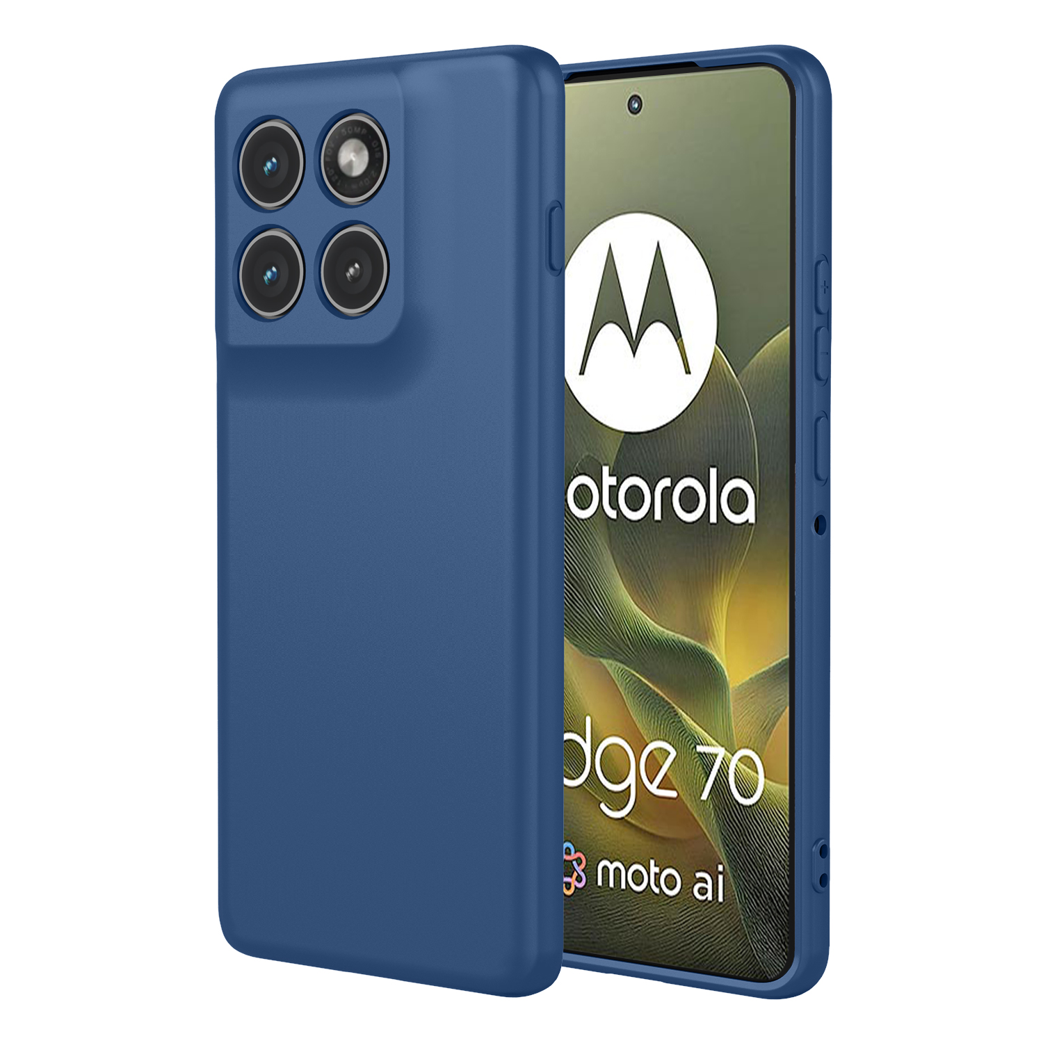 Blauw telefoonhoesje met vier cameralenzen en Motorola Edge 70 scherm.
