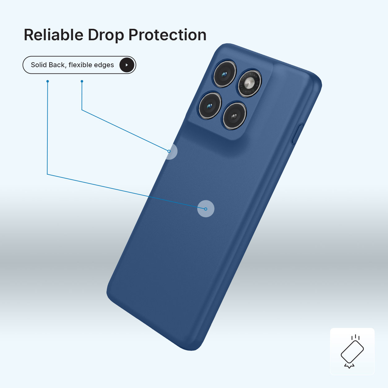 Een blauwe telefoonhoes met vier camera's. Betrouwbare valbescherming.