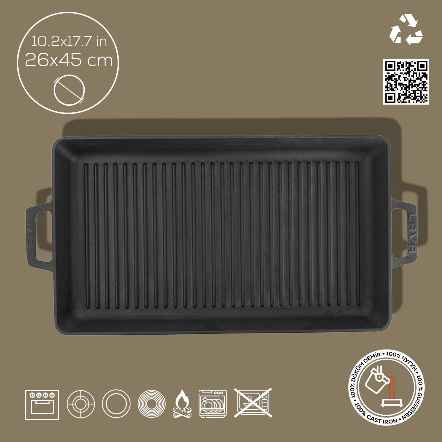 Siyah döküm demir oluklu grill tavası, 26x45 cm, ocak, alev, bulaşık makinesi sembollü.