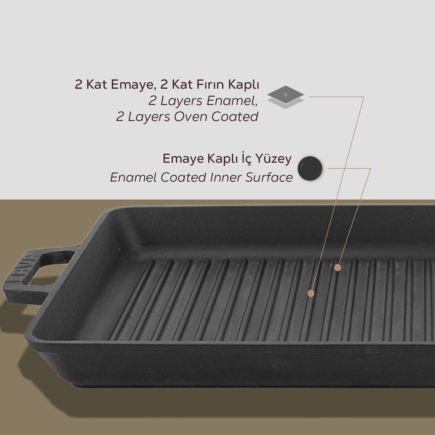 İki kat emaye ve fırın kaplamalı siyah döküm ızgara tava.