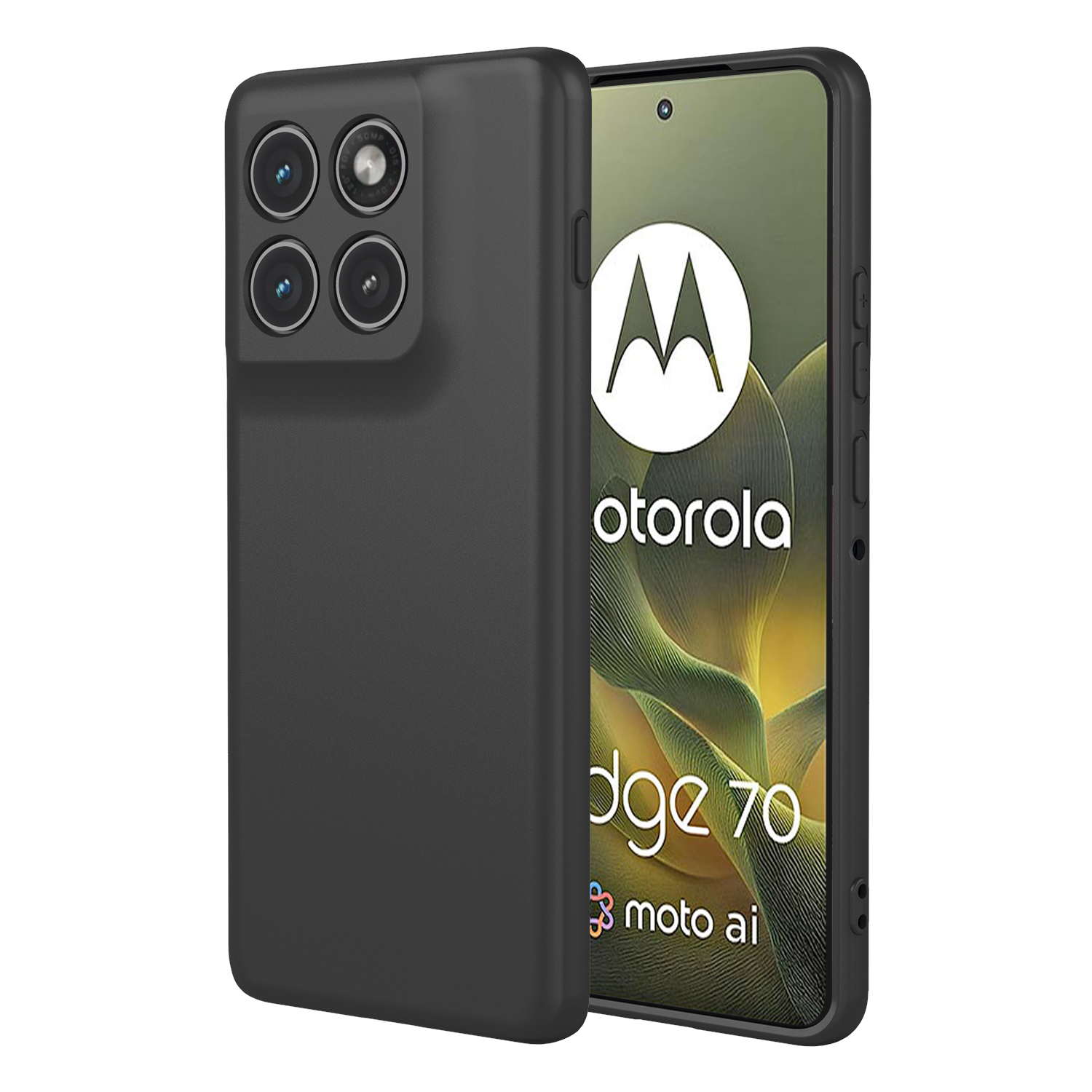 Zwarte telefoon met vier camera's, Motorola-logo op scherm.